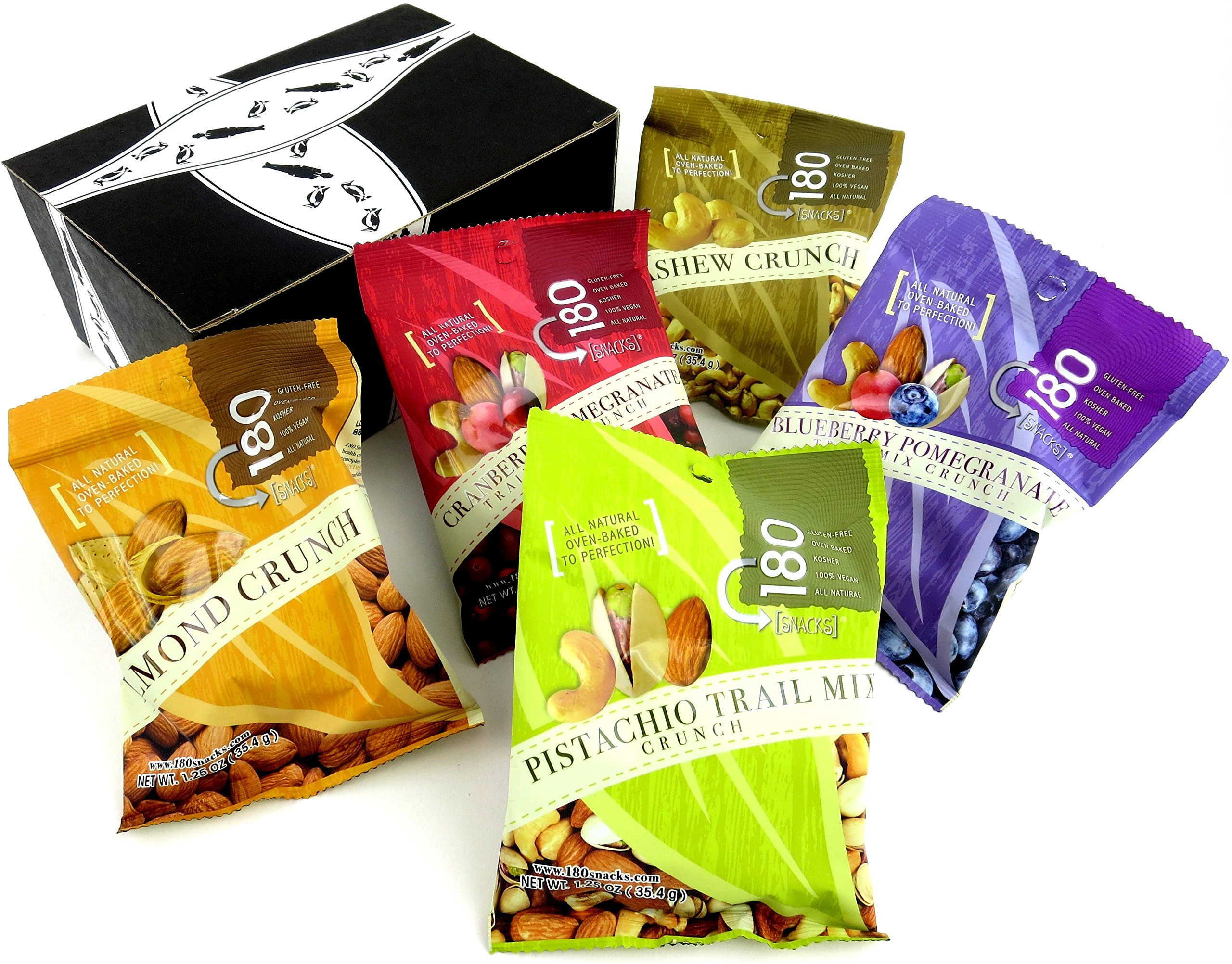 180 Snacks 5-Flavor Variety: One 1.25 oz Bag Each of Cashew Crunch, Cranberry Pomegranate Trail Mix Crunch, Pistachio Trail Mix Crunch, Blueberry Pomegranate Trail Mix Crunch, and Almond Crunch in a BlackTie Box (5 Items Total)
