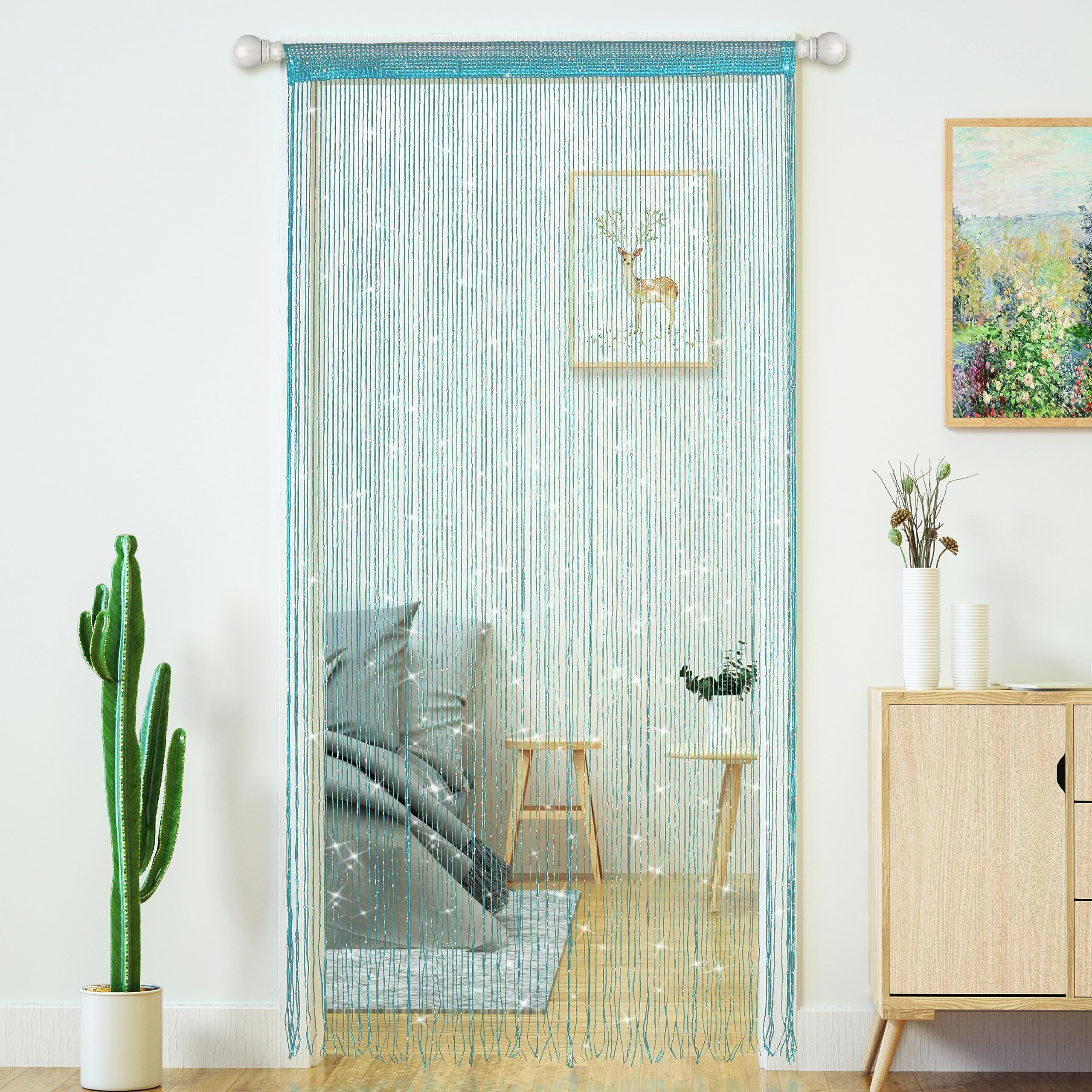 Transcosy 2 Pcs String Curtains for Doorways Glitter Beaded Curtains Door Sparkle Beads Curtain Open Closet Laundry Hanging Hippie Glisten Beads Window Girls Panel (Blue, 39"×79" in)