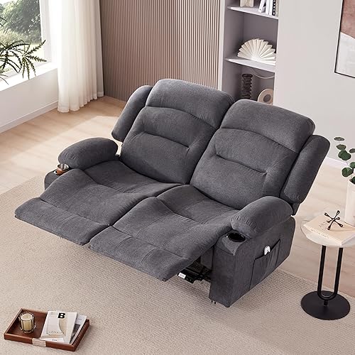 Oversized Recliner Loveseat with Heat and Massage, Wall-Hugger Reclining Sofa with Cup Holders and USB Port, Big Large 2-Seater Double RV Recliner Loveseat for Living Room (Fabric, Grey)