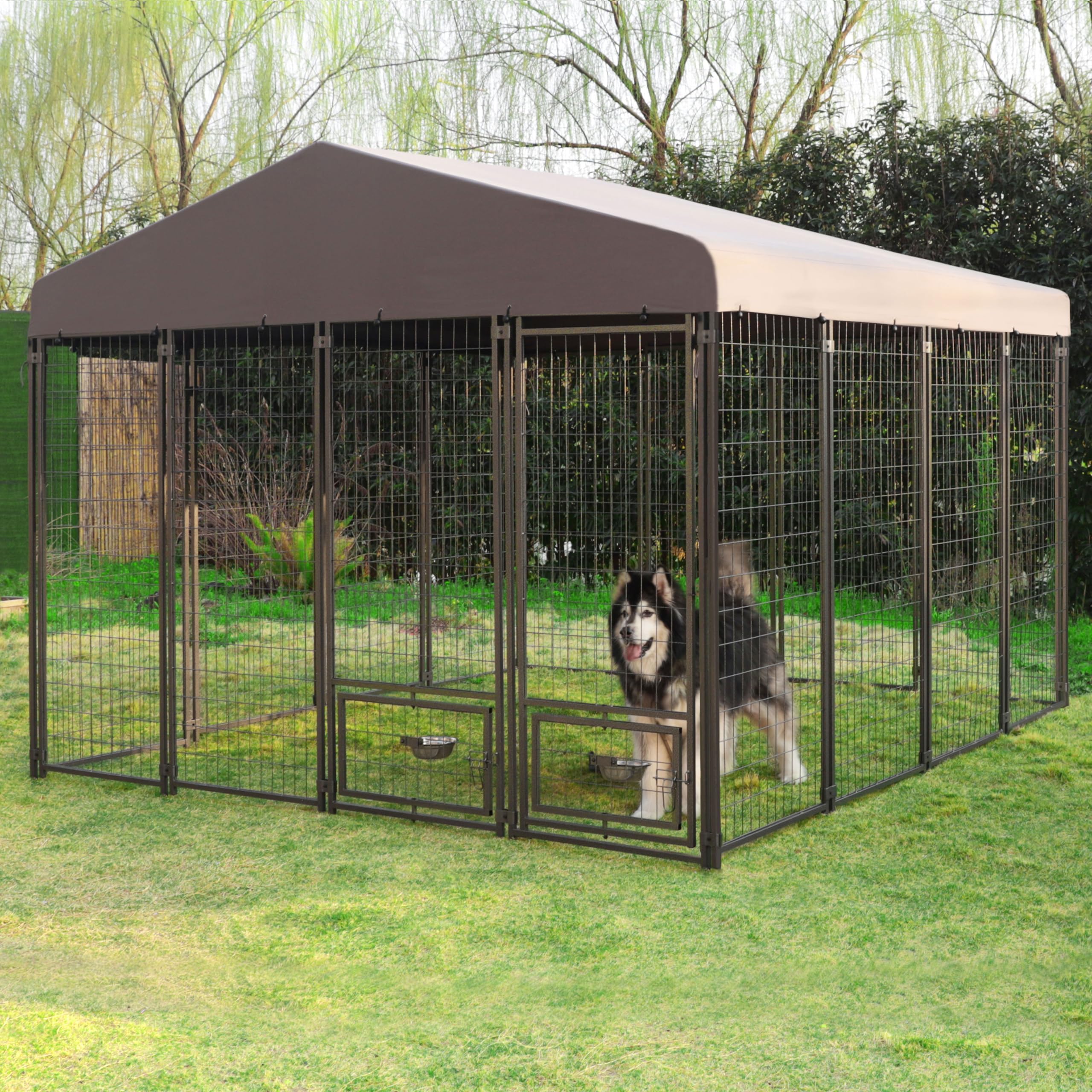 MUPATER Dog Kennel Outdoor 10' x 10', Large Dog House with Roof and Lockable Door, Heavy Duty Dog Enclosure with Rotating Feeding Door for Backyard