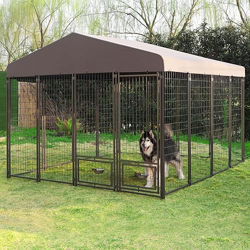 MUPATER Dog Kennel Outdoor 10' x 10', Large Dog House with Roof and Lockable Door, Heavy Duty Dog Enclosure with Rotating Feeding Door for Backyard