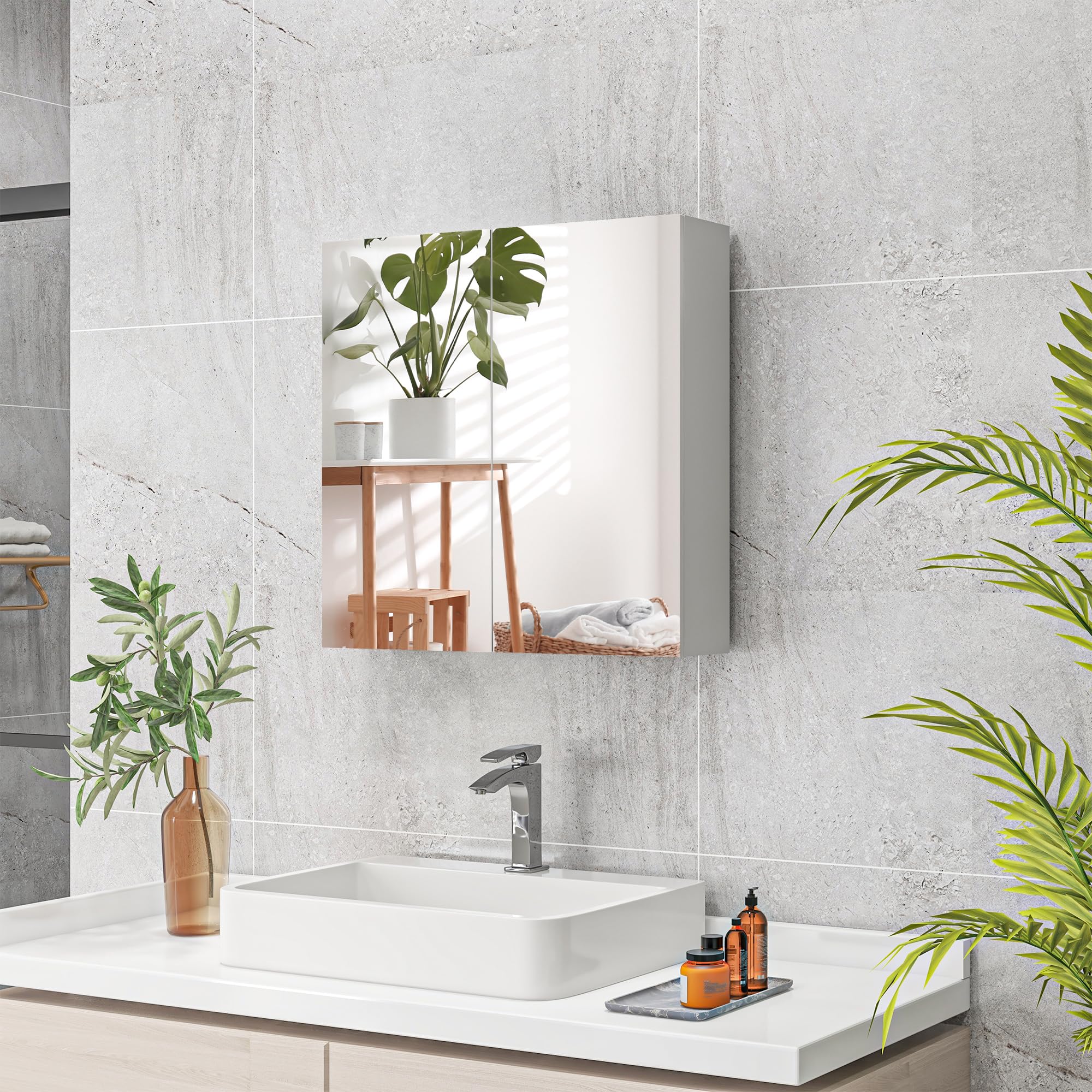kleankin Armoire Murale de Salle de Bain, Placard de Rangement, 3 Niveaux, étagère réglable, 2 Portes et miroirs, Armoire Suspendue, 60 x 15 x 60 cm, Blanc