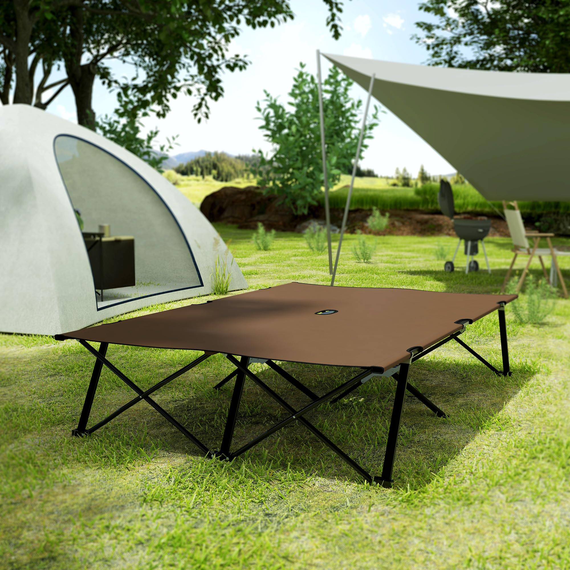 Lit de camping double Outsunny Lit de camp pliable Transat d'extérieur Lit de jardin ultra léger avec sac de transport (kaki)