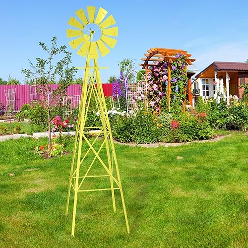 Miniatura 10 de Molino de viento de jardín para decoración de patio, molino de viento de metal de 8 pies de altura con aspas giratorias, resistente a la intemperie