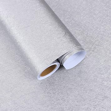 15.7"x118" Silver Metallic Wallpaper Embossed Textured Stainless Steel Contact Paper Peel and Stick Waterproof Silver Wallpaper Removable Vinyl Wrap for Refrigerator Kitchen Countertops