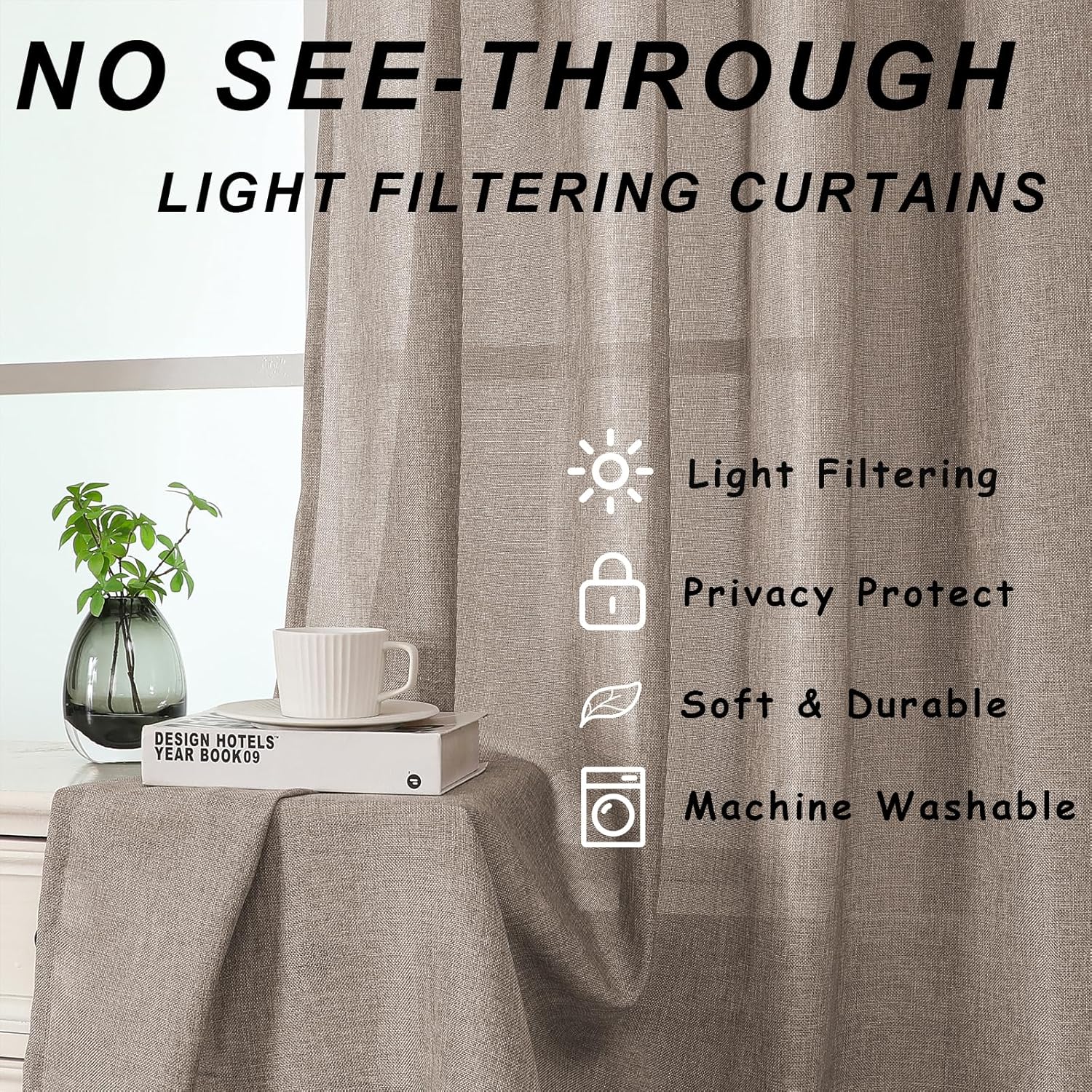 Light Filtering Curtains 95 Inches Long 2 Panels Set for Living Room Non-See-Through Window Curtains Boho Privacy Thick Burlap Textured Grommet Drapes for Bedroom Natural