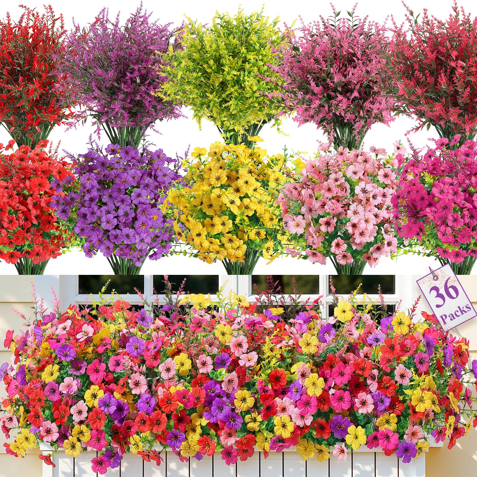 SHareconn 36 Bundles Artificial Flowers for Outdoors Decoration, Faux Plants Fake Silk Colorful Daisy Eucalyptus Lavender, UV Resistant for Outside