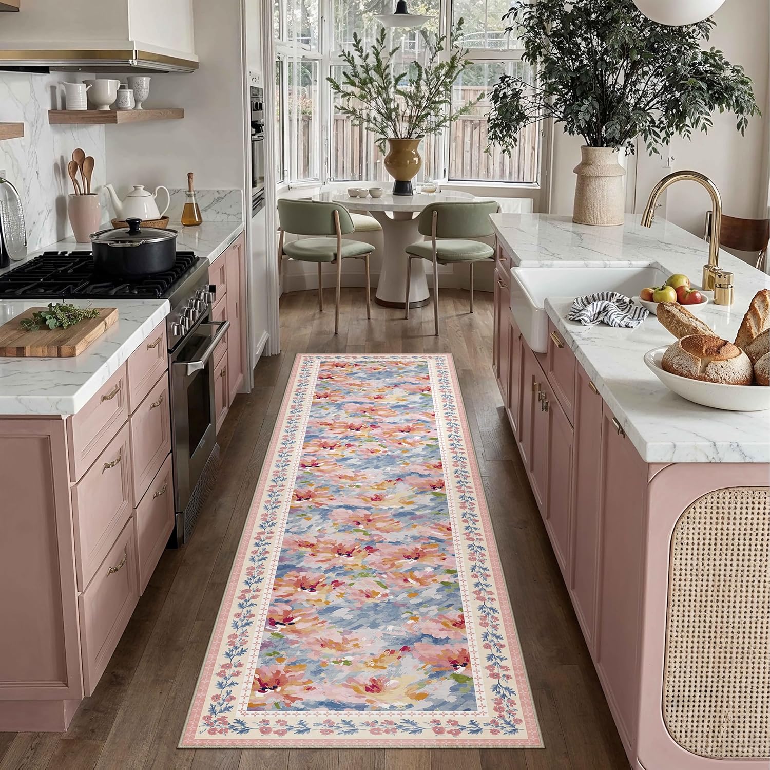 2x8 Washable Runner Rug Pink Blue Floral Abstract Hallway Kitchen Throw Rug Modern Non Slip Soft Low Pile Carpet for Bathroom Laundry Bedroom Living Room