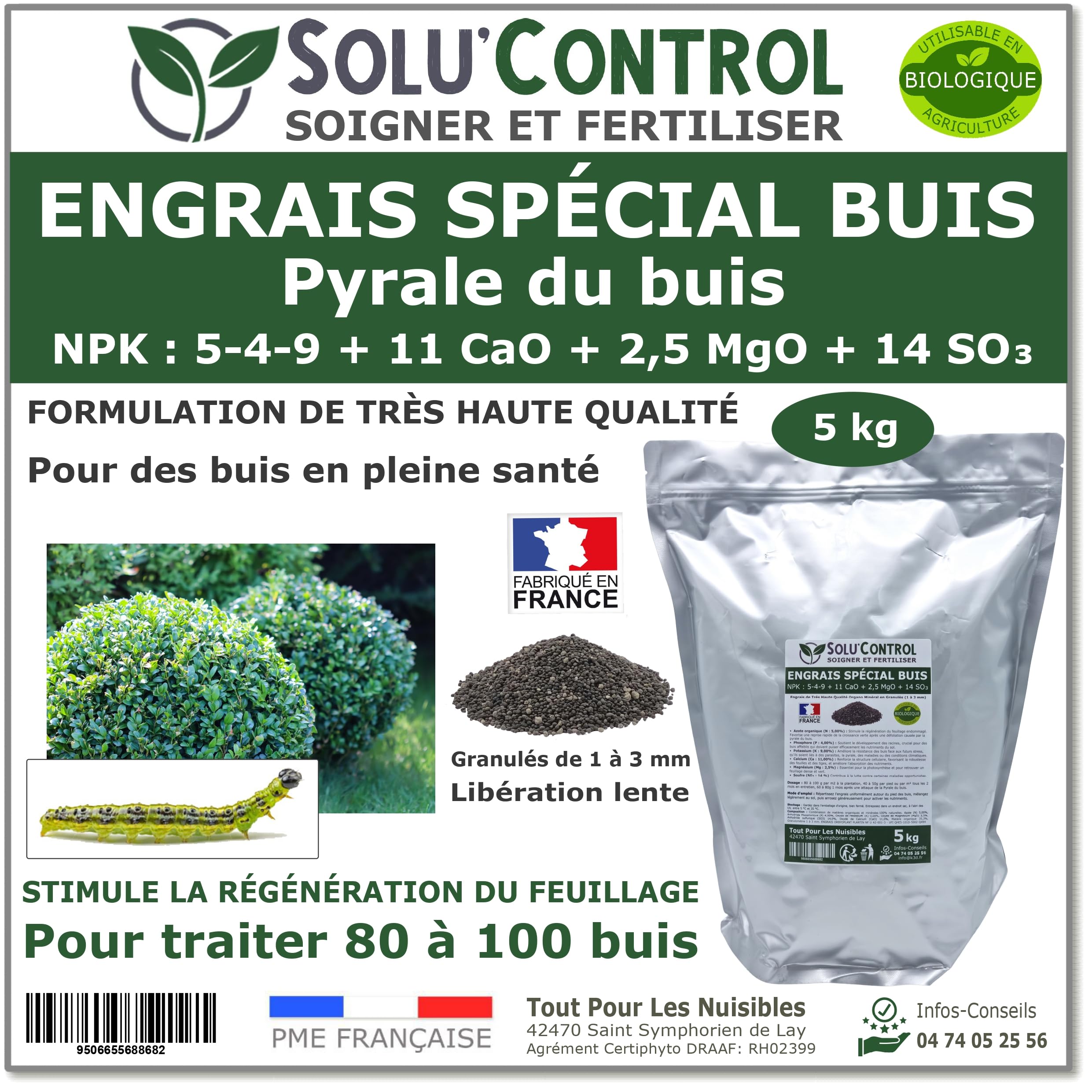 Engrais Spécial Buis 5 kg - SoluControl - Formulation haute qualité Organo-Minerale - Idéal après attaque de la chenille de la Pyrale ou maladies du buis