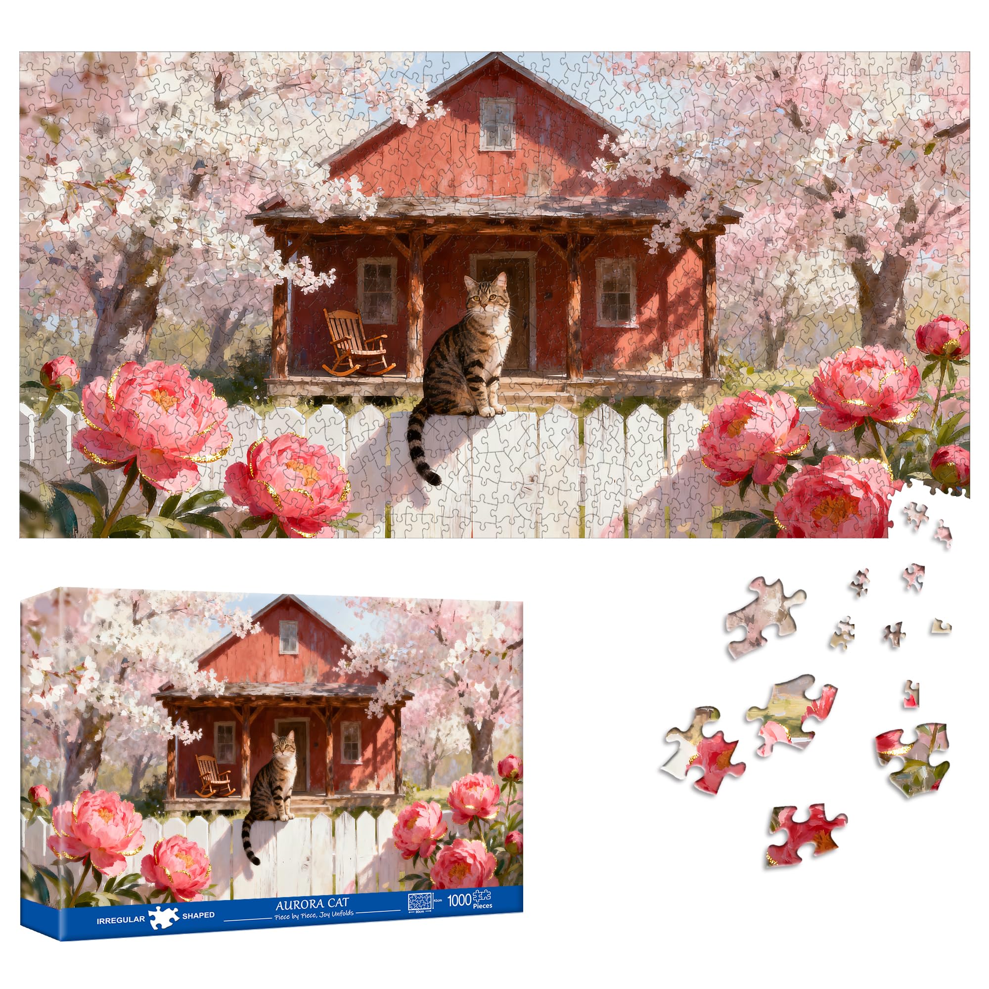 Reofrey Puzzles for Adults 1000 Pieces - CHERRY BLOSSOM CATS, Special Shape Jigsaw Puzzles, Challenging Impossible Puzzle, Fun Family Game & Unique Home Decor (16x31Inch / 41x80cm) Idea