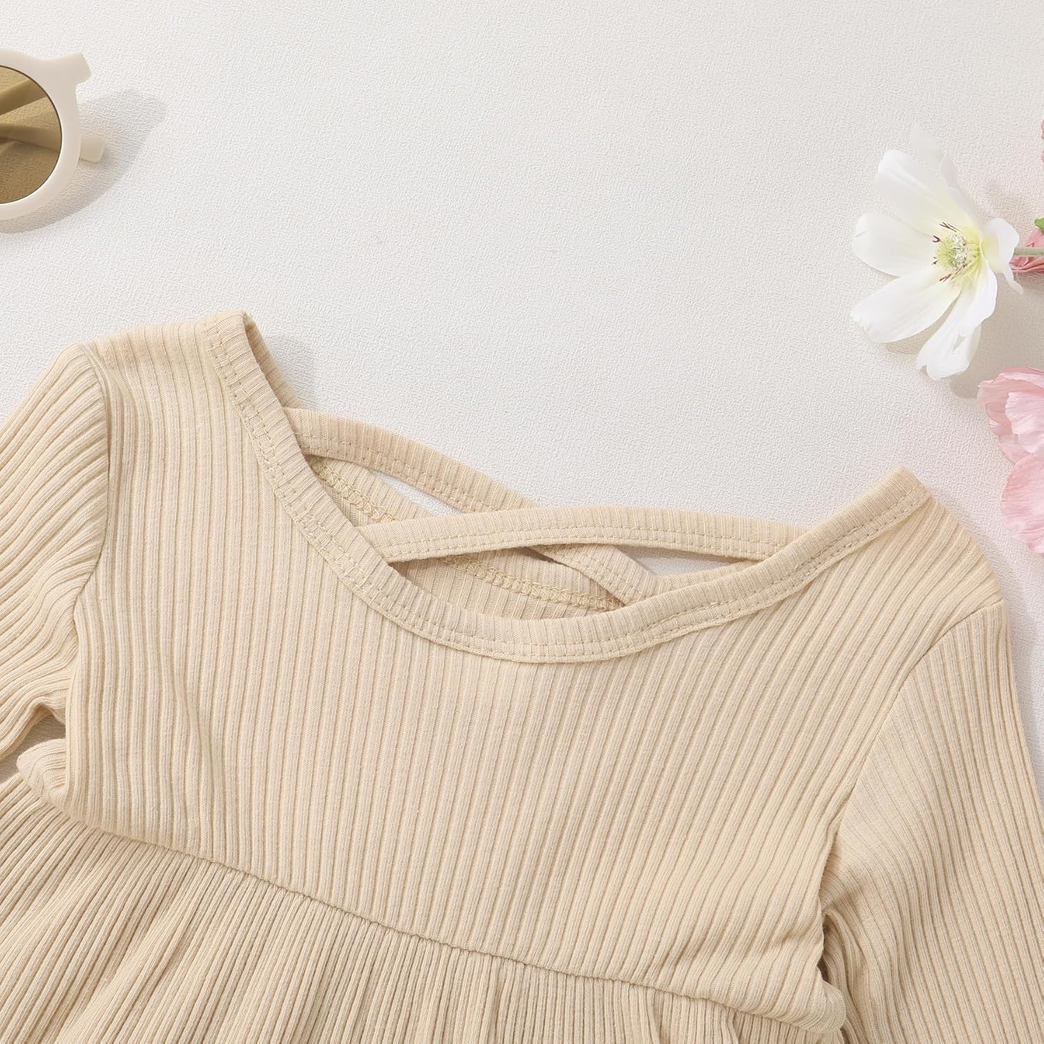 Toddler Girl Casual Solid A-line Twirly Dress Long Sleeve Skater Ruffle Hem Dresses Fall Outfit(Beige 18-24 Months) - Image 2