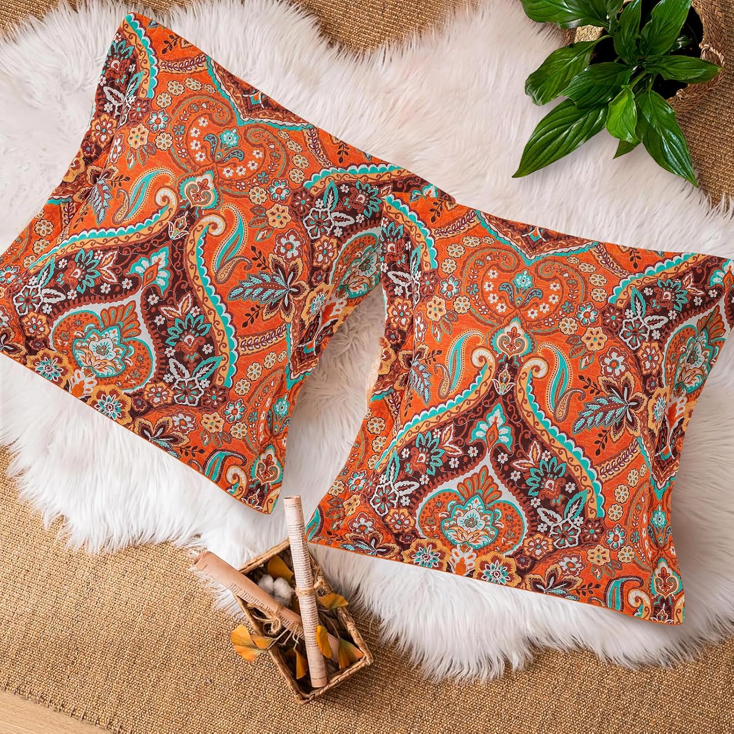 VAPUTAR 2 Packs Damask Pattern Decoration Throw Pillow Covers 18 x 18 Inch for Couch Bed Sofa, Soft Boho Cushion Cover for Living Room Farmhouse Home Decor (Orange)