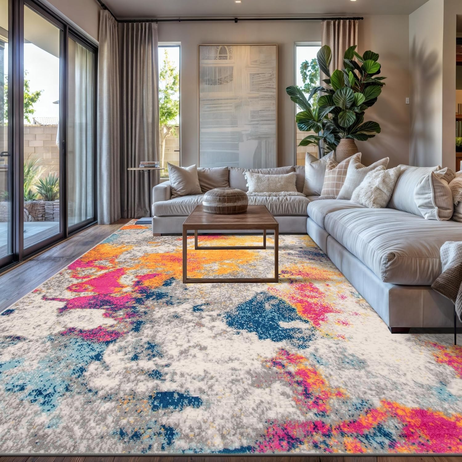 Rugshop Distressed Abstract Watercolor Area Rug Fade-Resistant Multicolor Carpet for Large Living Room or Open Floor Layout 10