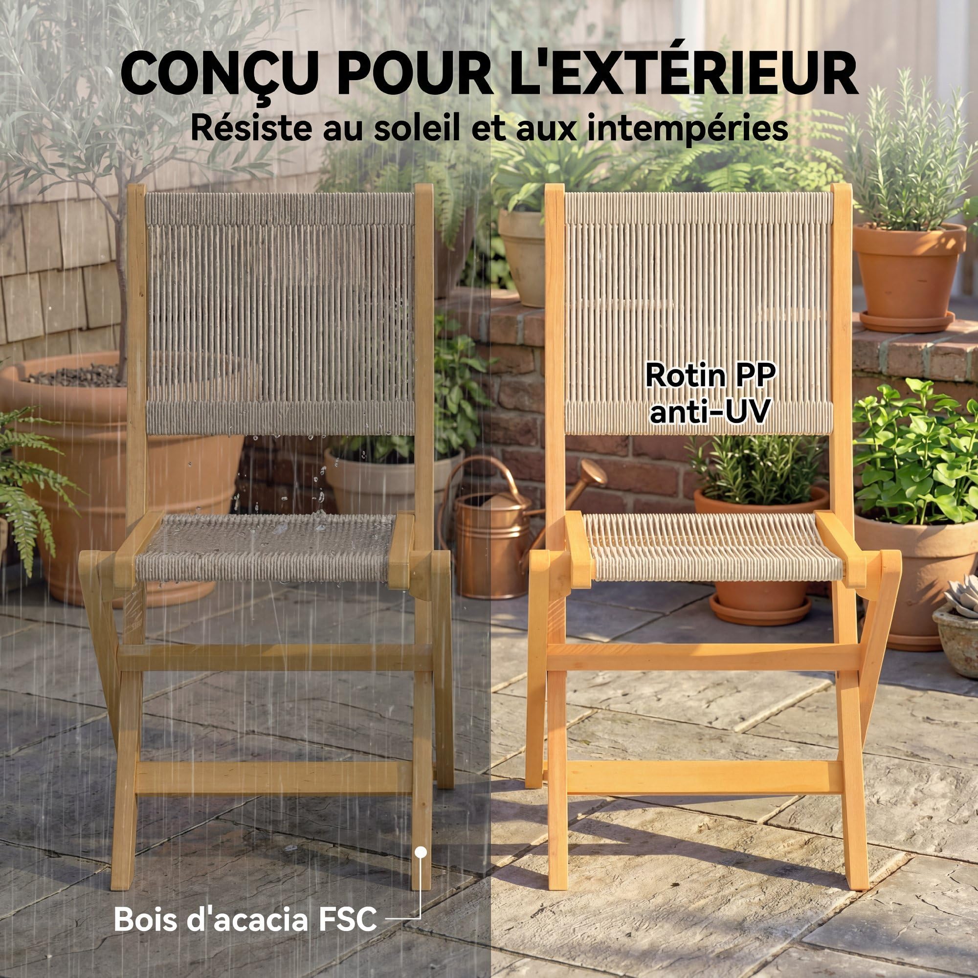 Outsunny Lot de 2 Chaises de Jardin Pliantes en Bois d'Acacia FSC - Chaises de Balcon avec Dossier et Assise en Corde Tressée - Gain de Place, Aucun Assemblage Requis, Charge 160 kg, Naturel et Beige