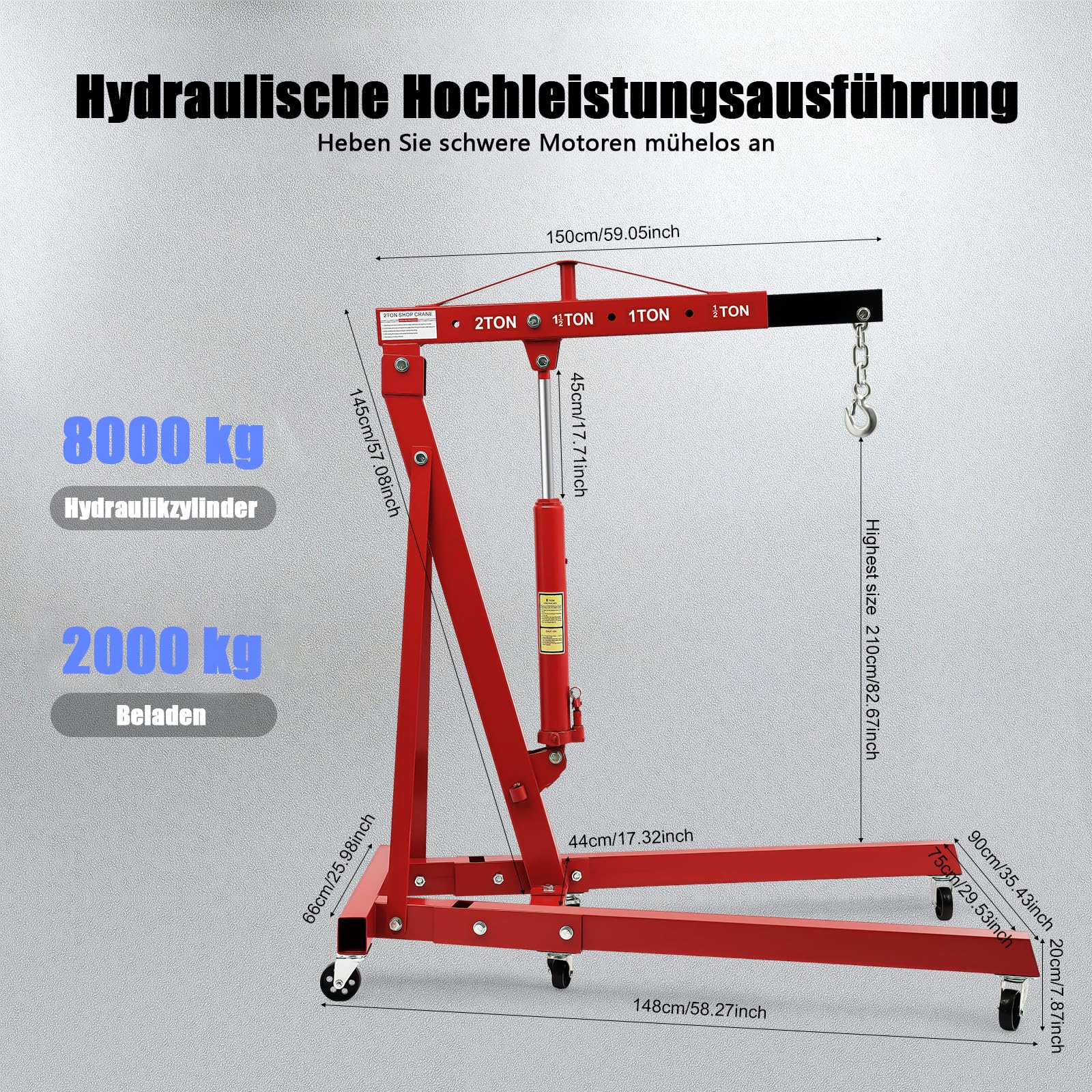 Werkstattkran Klappbar mit 4 Einstellbaren Positionen, 2000 KG Motorkran Motorheber aus Kohlenstoffstahl, 6 Eisen-Lenkrollen, Max. 210 cm Hakenabstand vom Boden, Rot (2-Pack-Sendung)
