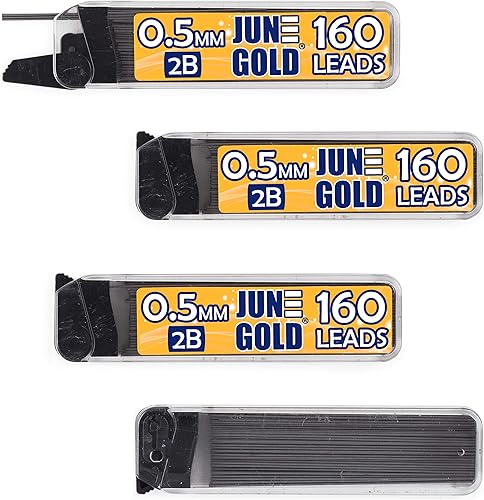 June Gold 640 unidades, 164 pulgadas (0.5 mm) 2B repuestos de mina, 160 piezas por tubo, grosor fino, resistente a la rotura, grafito (paquete de 4