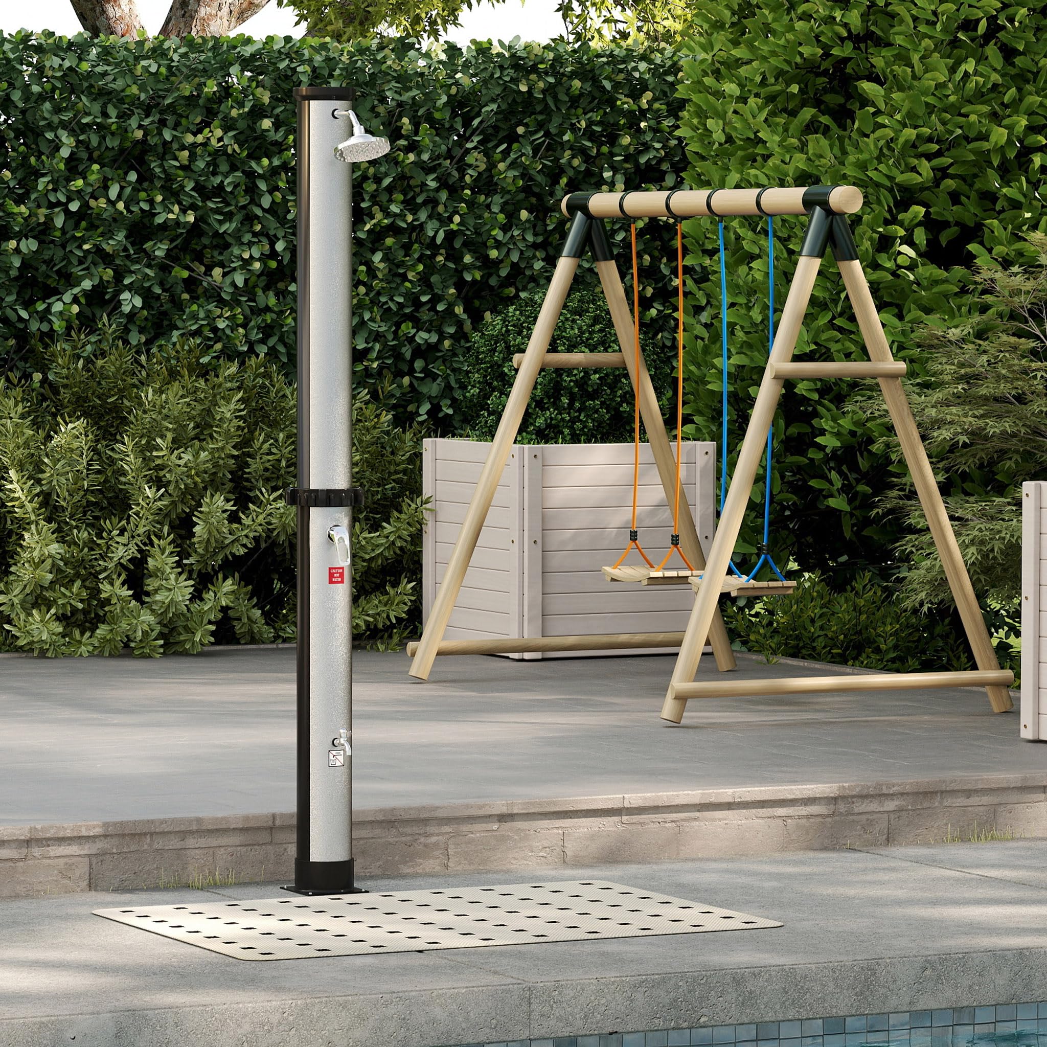 AufuN Doccia solare da 40 litri, da giardino, acqua calda, con cappuccio protettivo, doccia per piscina, campeggio, con rubinetto e soffione a pioggia, senza collegamento di alimentazione, connettore