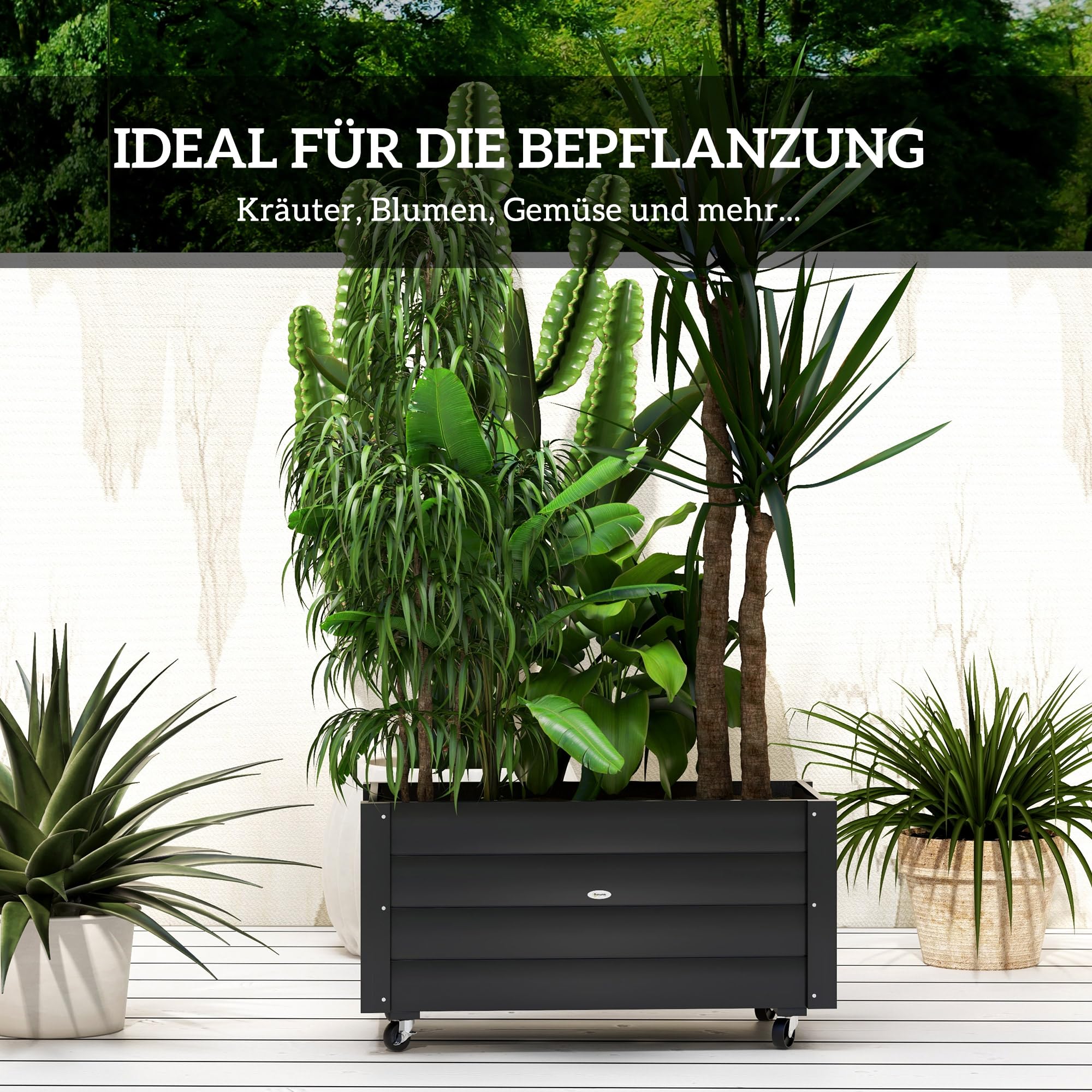Outsunny Hochbeet Pflanzbeet mit Rollen Massivholz 89x48x47cm Schwarz