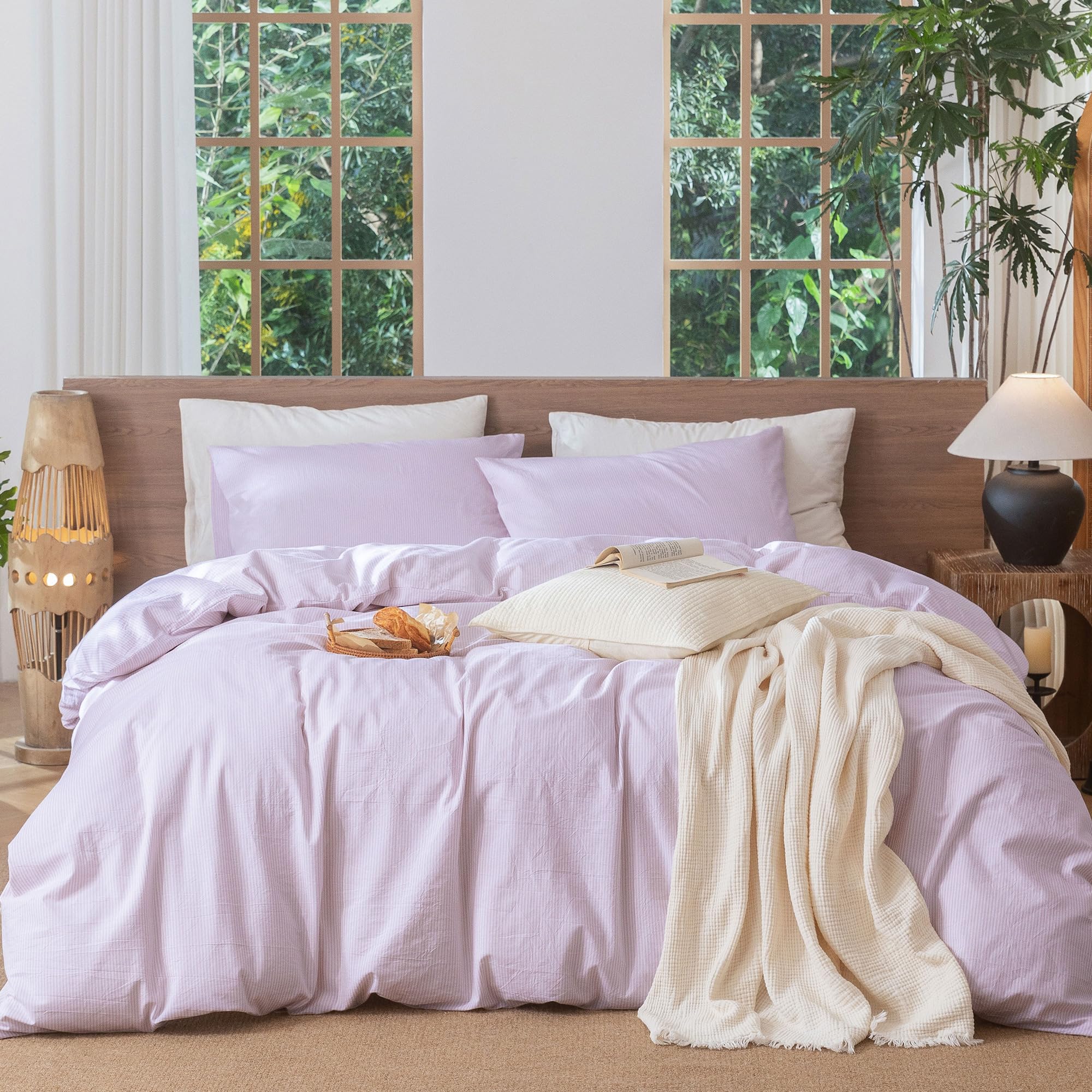 MooMee Striped Duvet Cover Set 100% Washed Cotton Linen Like Queen