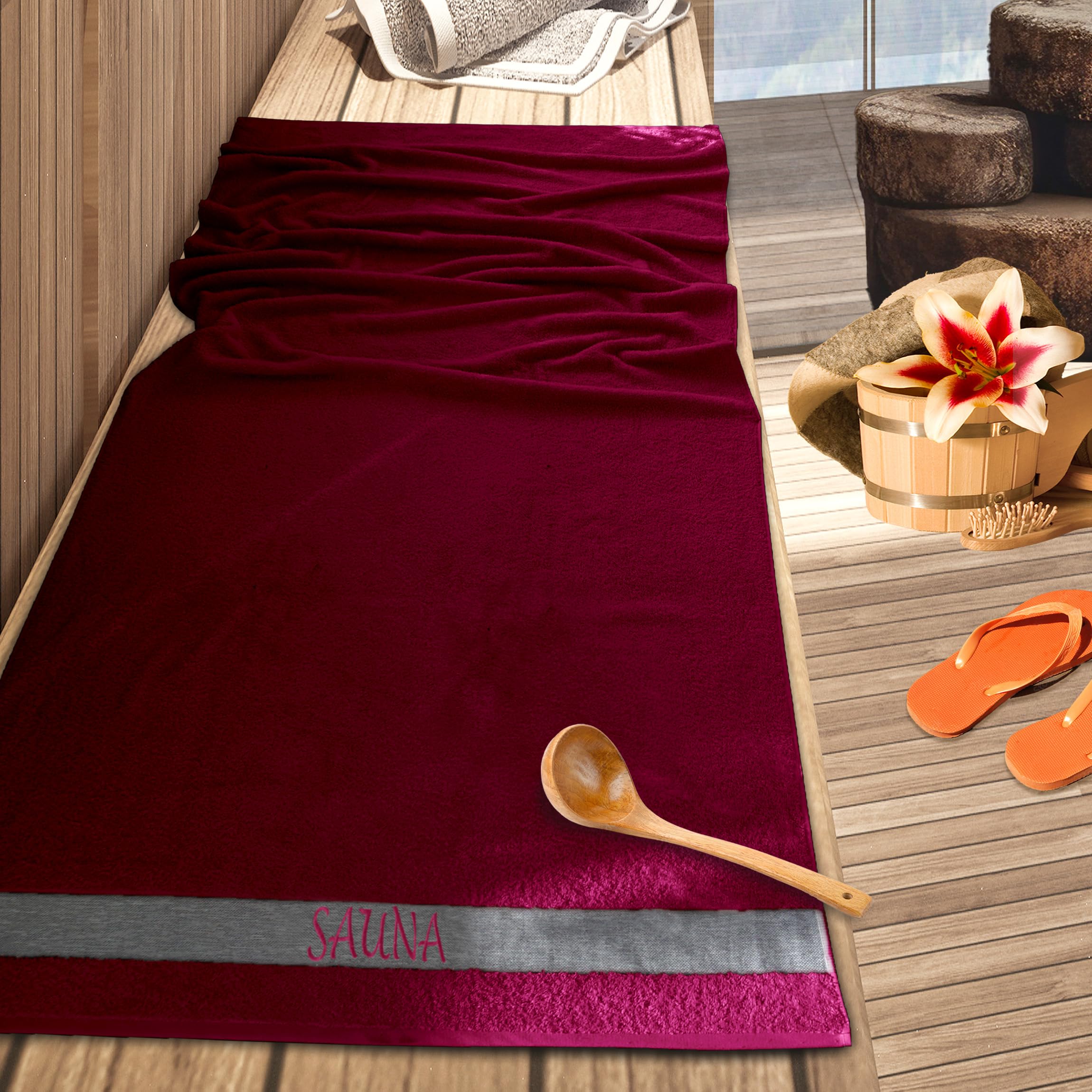 Wellness Asciugamano da Sauna Telo Sauna Uni con Ricamo Sauna 70 x 200 cm, Colore: Orchidea - Rosa Lilla, 100% Cotone