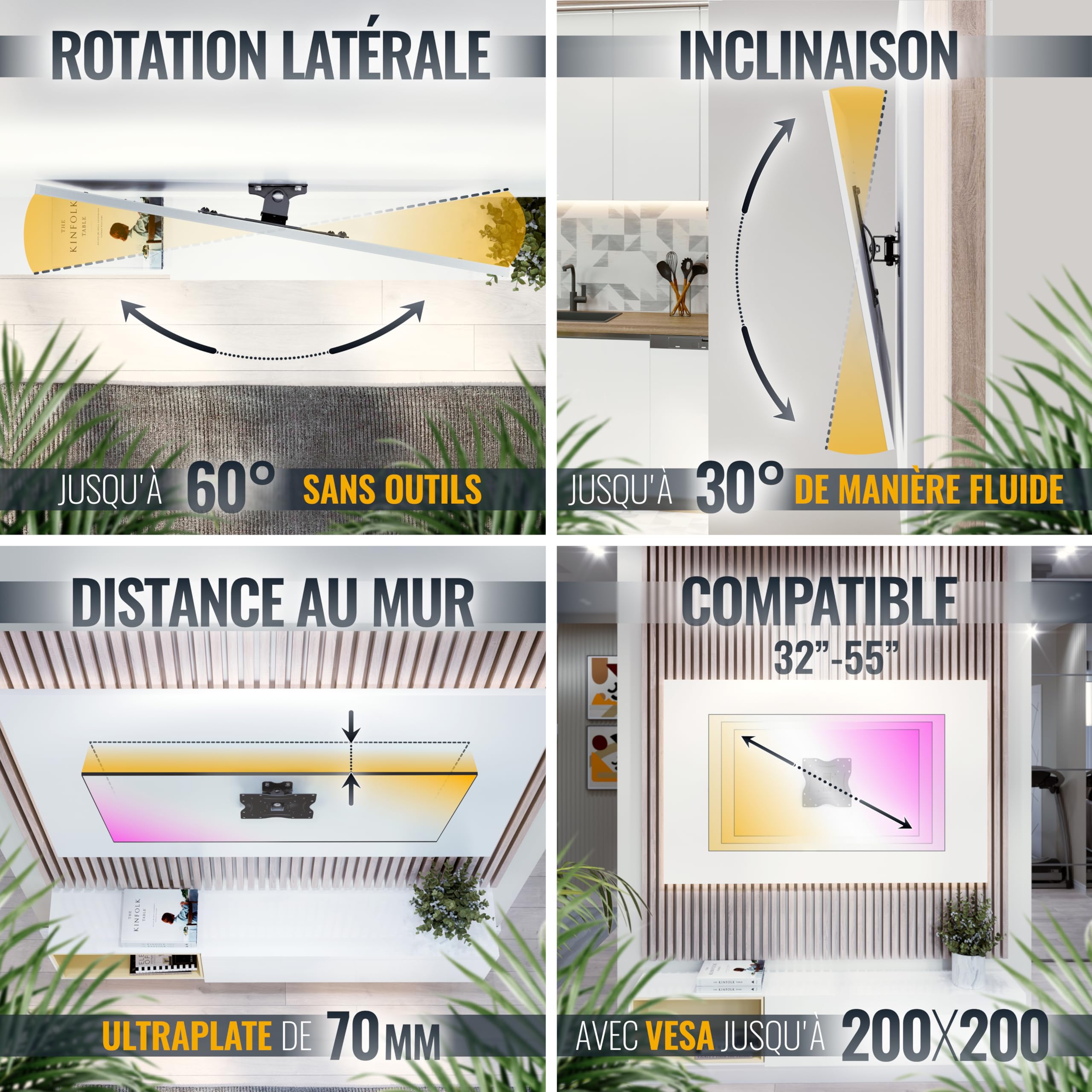RICOO R12 Support Mural TV 32 40 42 43 48 50 55 Pouces VESA 75x75 100x100 100x200 200x100 200x200 Orientable Inclinable Rotatif Universel Fixation Murale TV