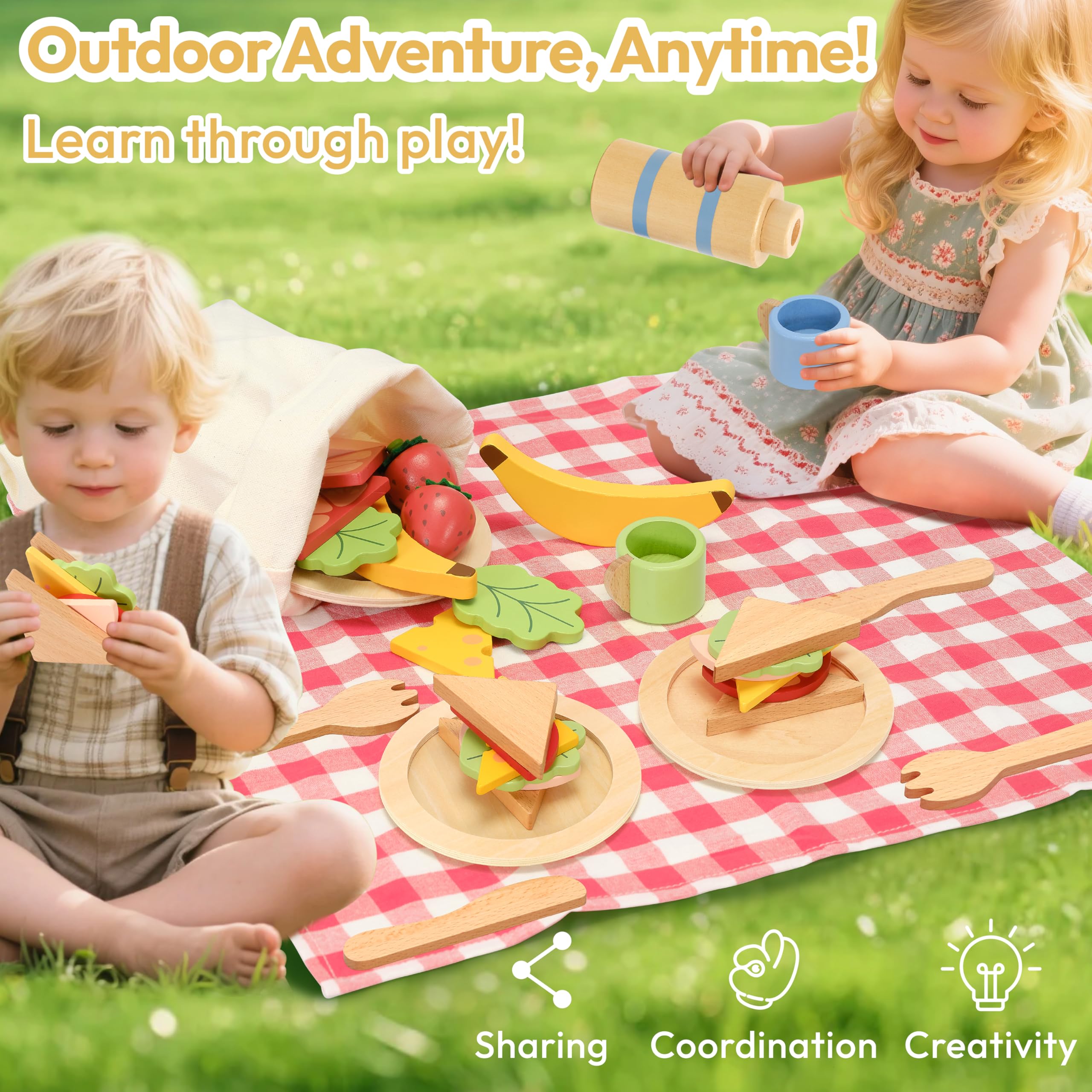 Juego de picnic de madera para niños, 30 piezas de juguete de comida con termos, sándwiches, frutas, utensilios, bolsa de transporte de lona y manta, accesorios de cocina de juego de 2