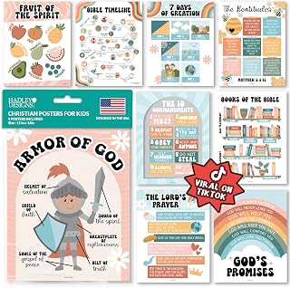 Hadley Designs Sunday School Decorations for Classroom – 9 Bible Posters for Kids, 11x14in Books of the Bible Poster, 10 Commandments, Fruits of the Spirit & More – Retro Christian Classroom Decor