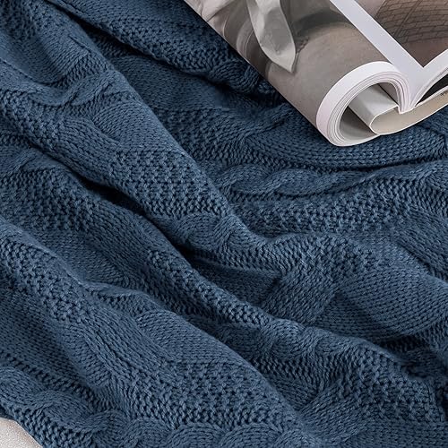 Miniatura 5 de Aormenzy Manta de punto azul pizarra oscura, manta decorativa de punto trenzado de gran tamaño, manta de punto suave y acogedora para sofá cama, 60