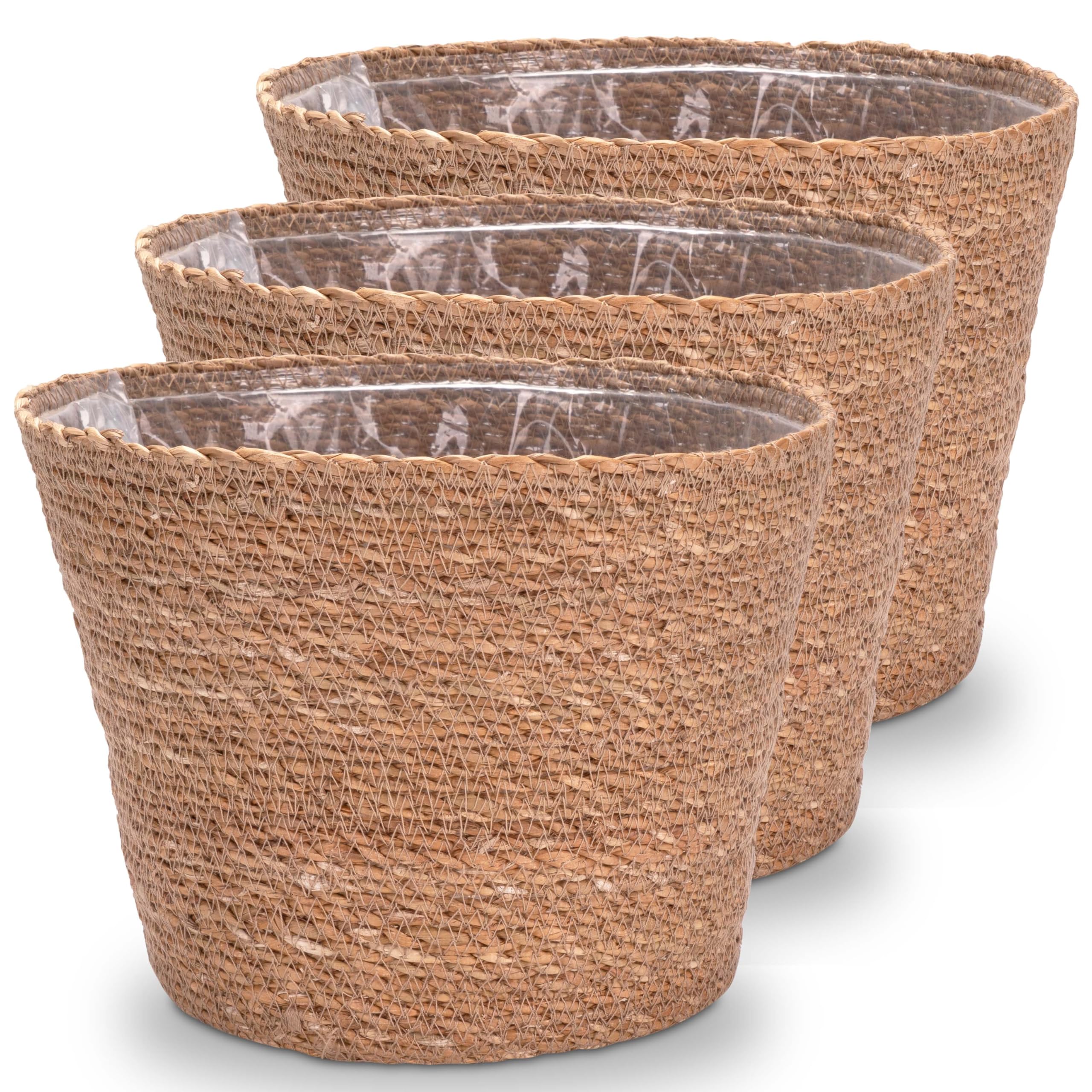 Decorasian Pflanzkorb – Übertopf geflochten – dekorativer Seegras Blumentopf mit Folieneinsatz im Boho Stil, 3 Stück 25cm Garten