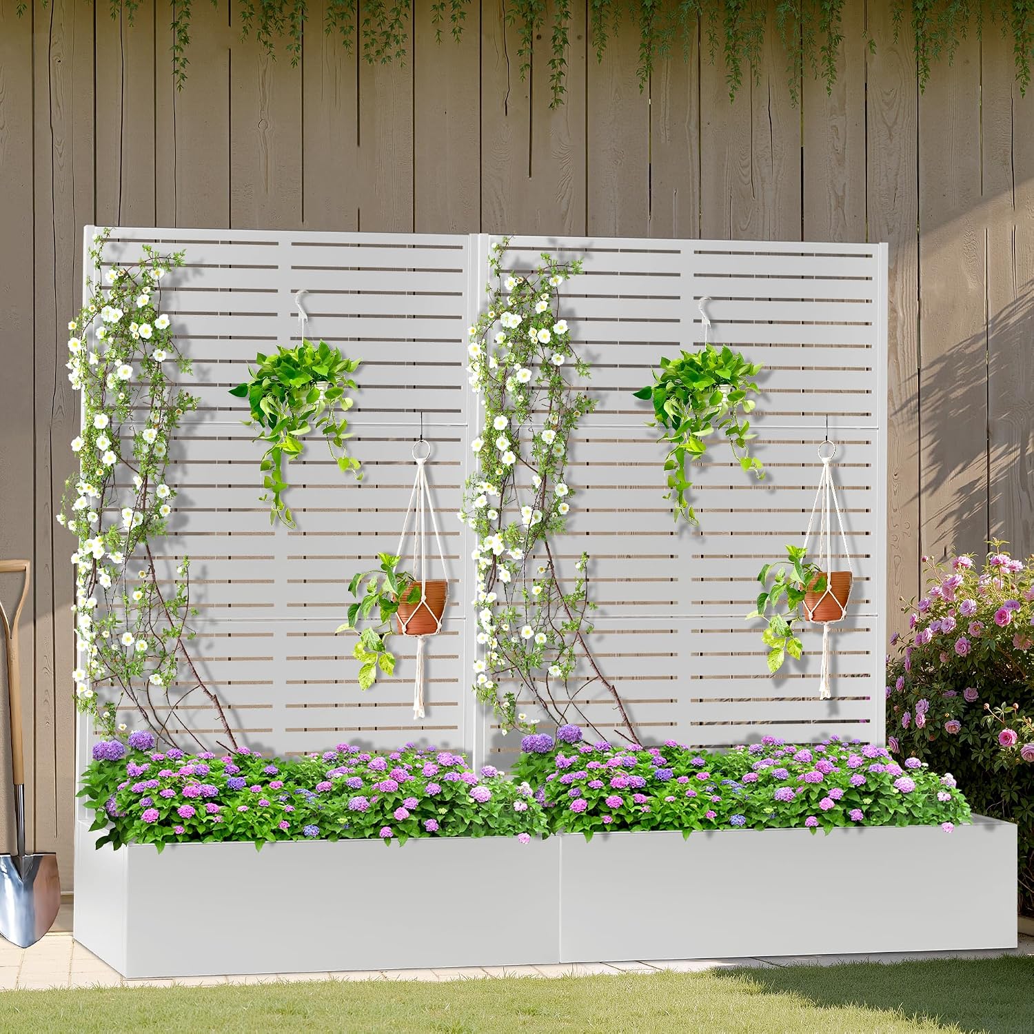 Metal Planter Box with Trellis, Heavy-Duty Raised Garden Bed for Climbing Plants, Drainage Hole, Outdoor Planter Box with Privacy Screen，47''L×16''W×71''H