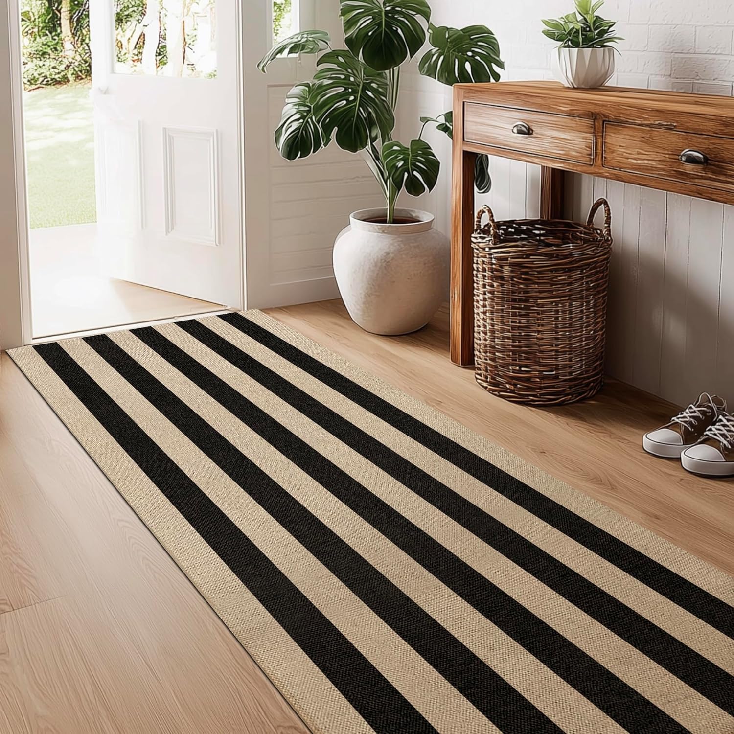 Washable Striped Easy Jute Runner Rug, 2x6 Black Boho Geometric Outdoor Indoor Patio Rug, Low Pile Lightweight Non Slip Neutral Long Runner Carpet Mat for Hallway Kitchen 6ft Entryway Porch Farmhouse Striped -1 2' x 6'