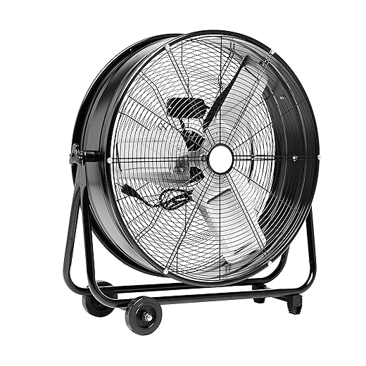 Amazon Basics 24" 215W High-Velocity, Heavy-Duty Industrial Fan, Drum Fan, with UL-Certified Safety Compliance, 2 Speeds, Up to 8820 CFM, 5.9-ft Power Cord, 2 Wheels, Metal Housing/Blades, Black