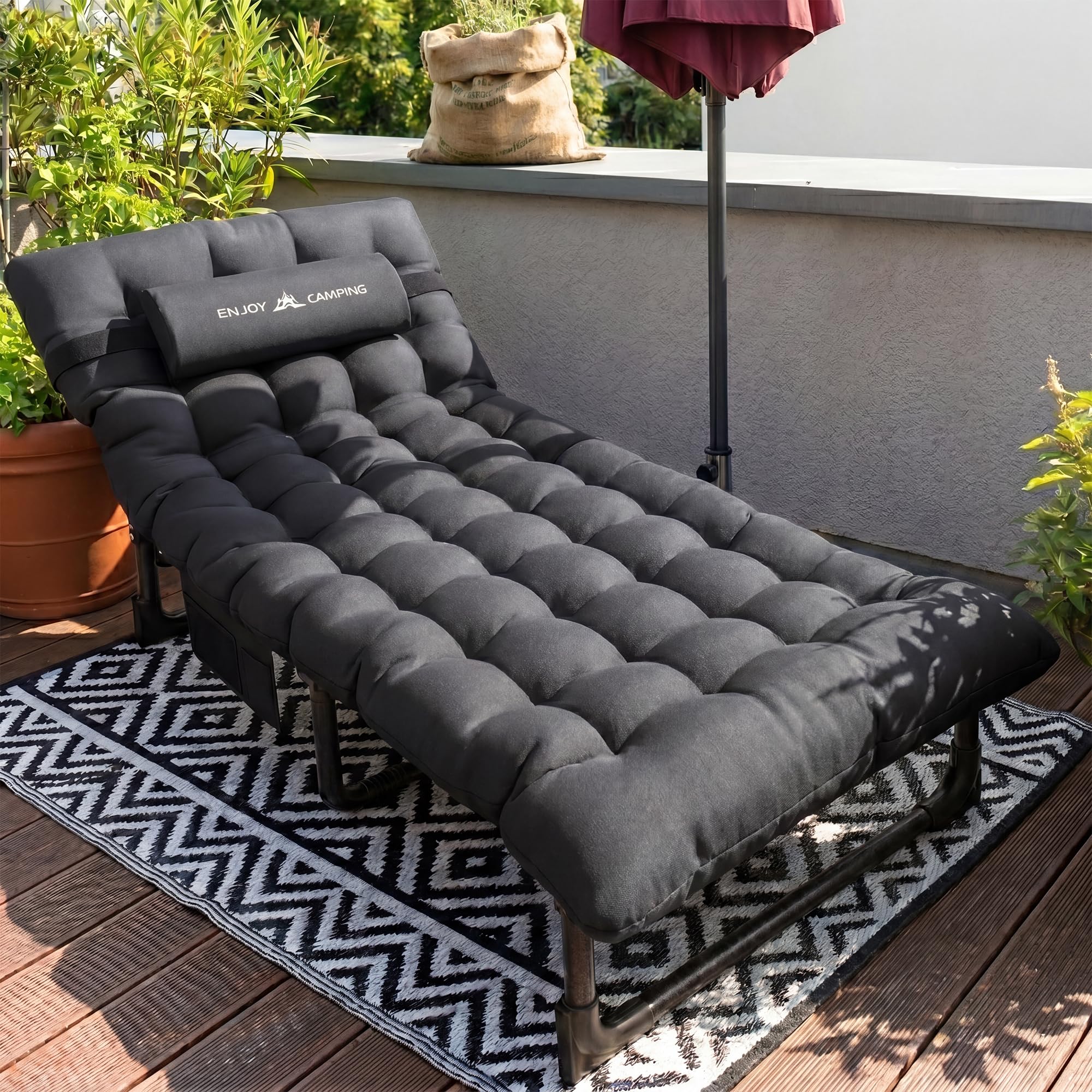 UDPATIO Camping Betten Feldbetten Klappbar, Liegestuhl Mit Auflage Polster, Gartenliege mit Verstellbarer Rückenlehne, Strandliege Campingliege für Outdoor Camping Schwarz