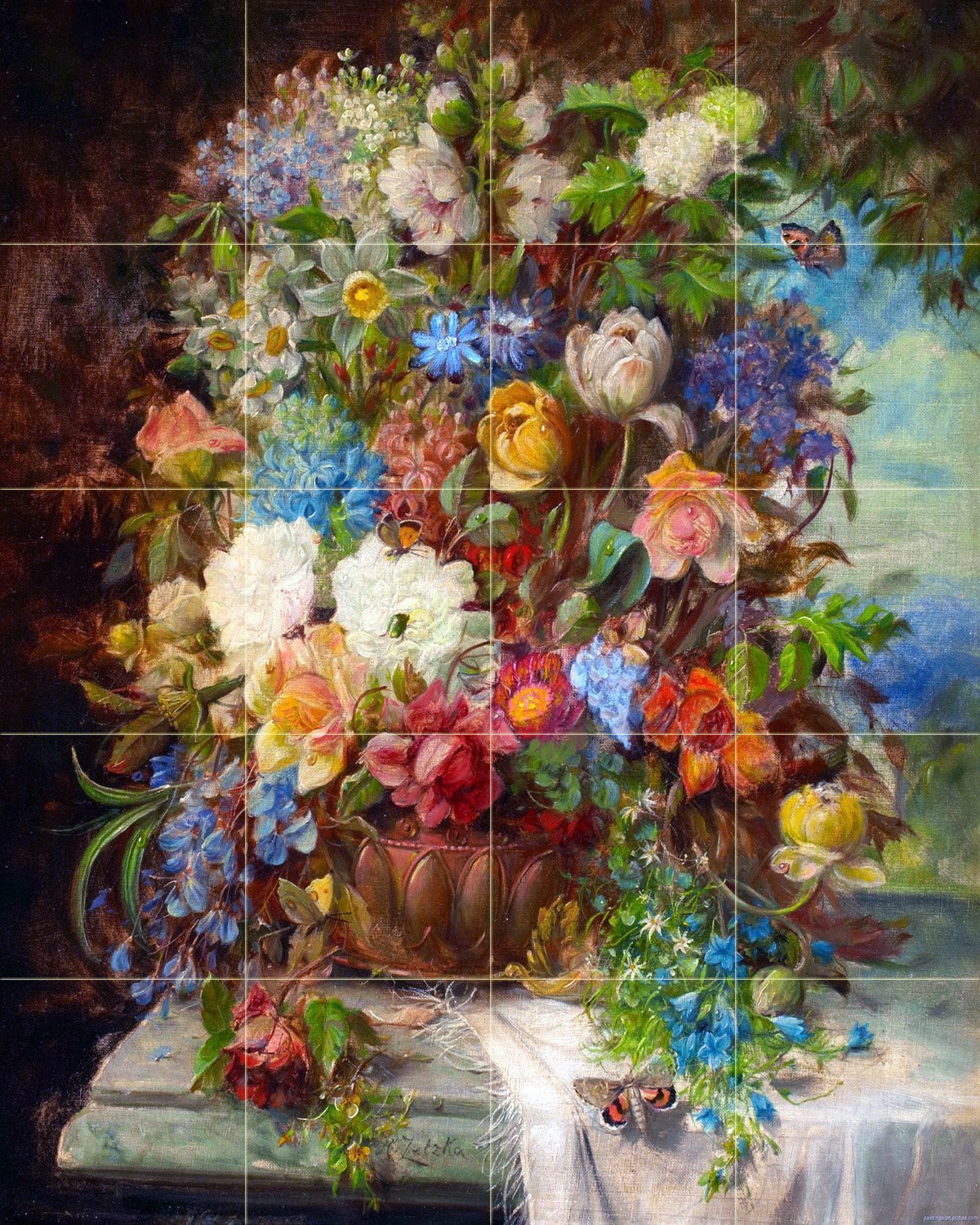 Summer Flowers on a Ledge by Hans Zatzka Tile Mural Kitchen
