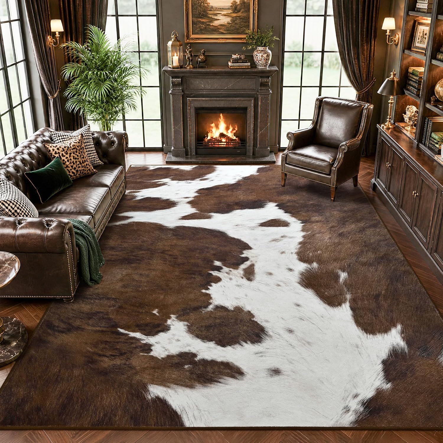 Foxmas Cow Print Rugs for Living Room Bedroom, 8x10 Washable Non-Slip Low Pile Indoor Floor Rug, Carpet for Dining Room Kitchen Office Western Home Decor, Brown