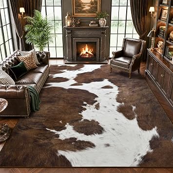 Foxmas 5x7 Brown Cow Print Rugs for Living Room Bedroom | Washable Non-Slip Indoor Floor Rug, Carpet for Dining Room Kitchen Office Western Home Decor