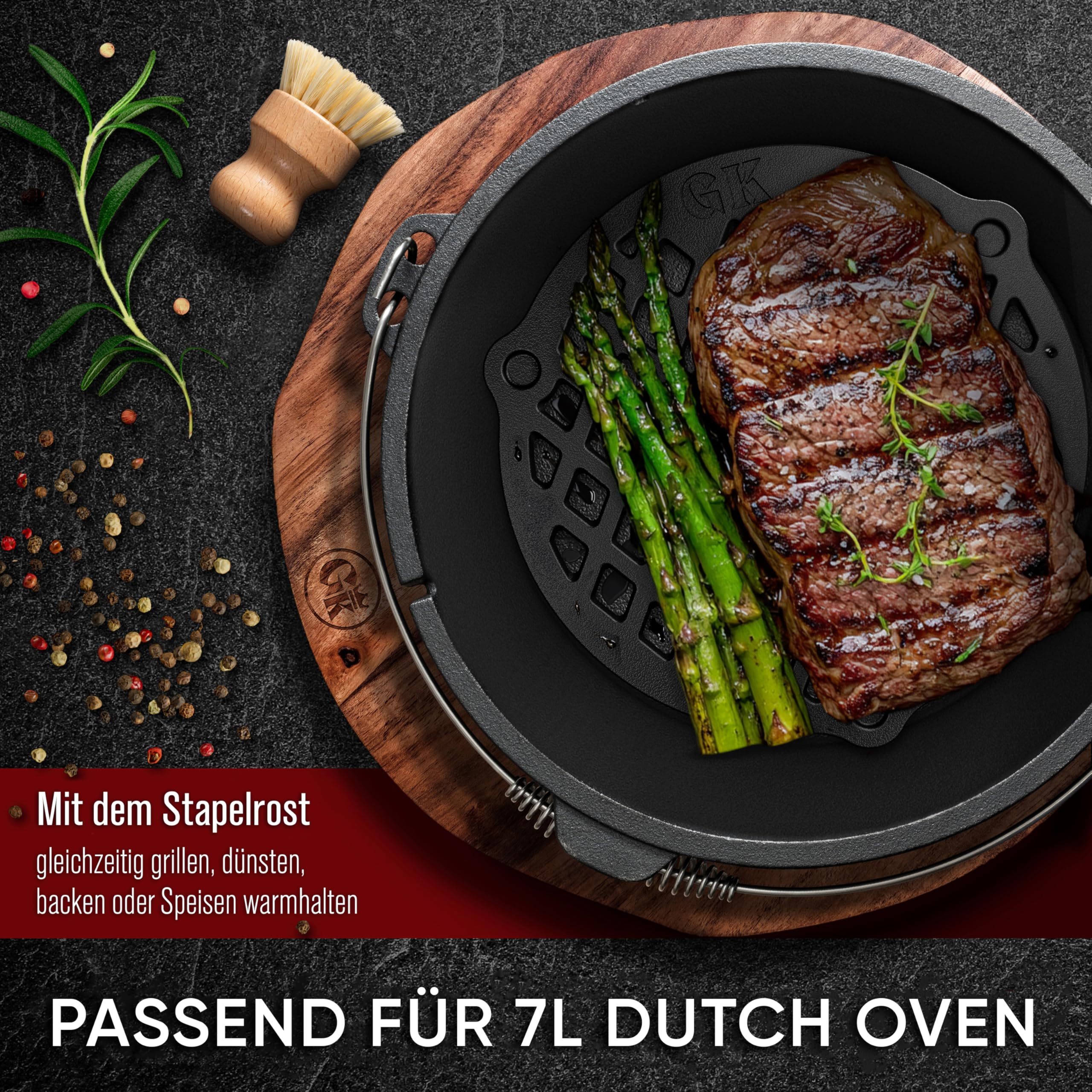 GUSSKÖNIG Gusseisen Stapelrost für 7 Liter Dutch Oven [Ø 22cm] - Einsatz für DutchOven - Staple Grate - Grillrost Dreibein Gusseisen DutchOven Untersetzer - Dutch Oven Zubehör