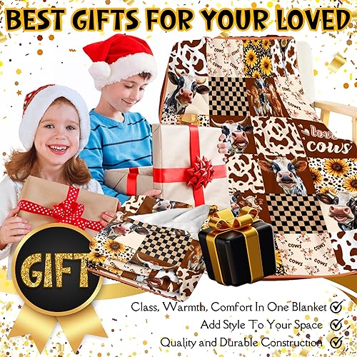 Miniatura 2 de Manta de franela de vellón a cuadros con estampado de vaca, para niñas y niños, manta de regalo de girasol de otoño, manta rústica marrón de vaca de