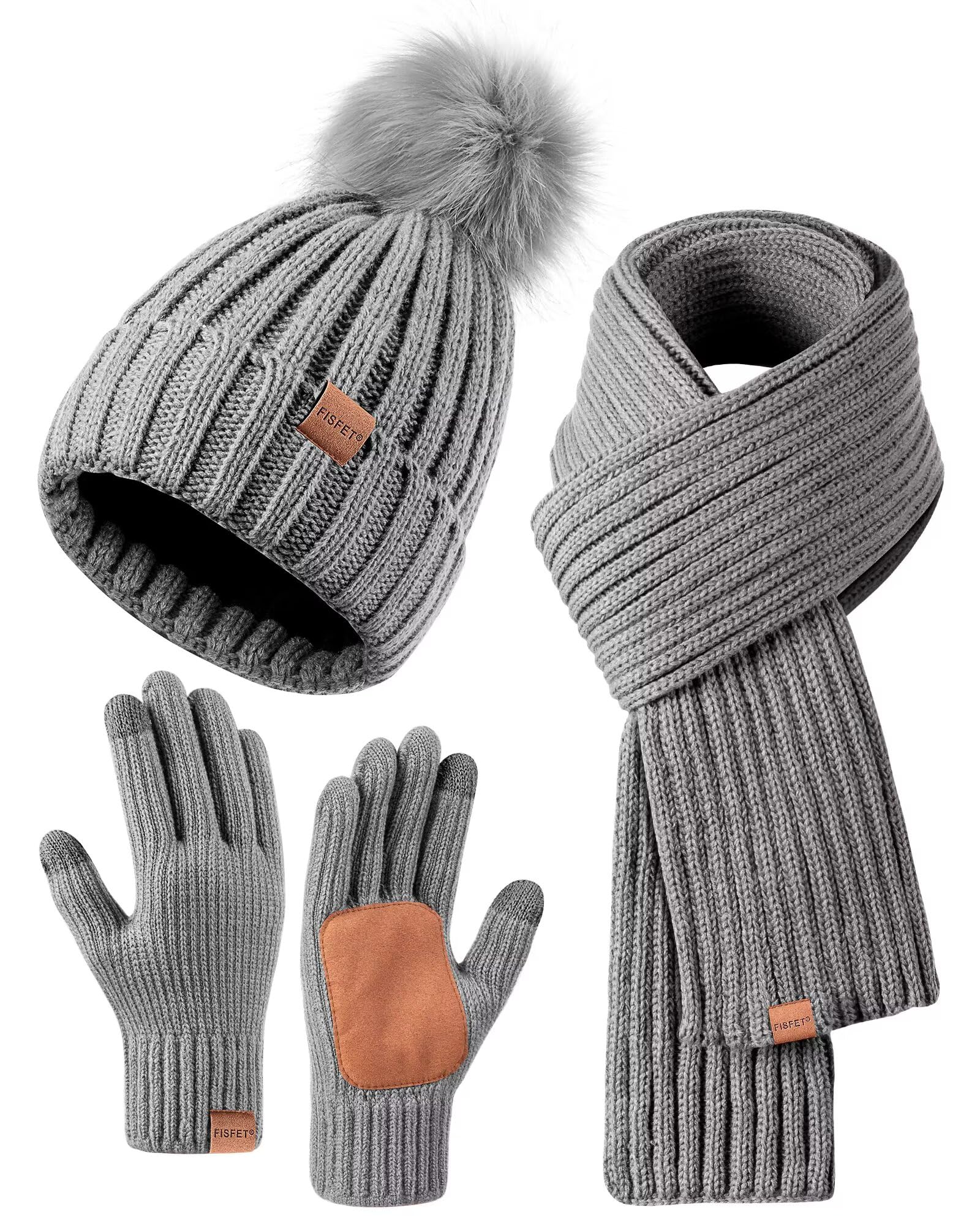 FISFET Ladies Winter Beanie Hat with Pom Pom, Fleece Lined Warm Scarf, Touchscreen Gloves 3 in 1 Set (Grey)