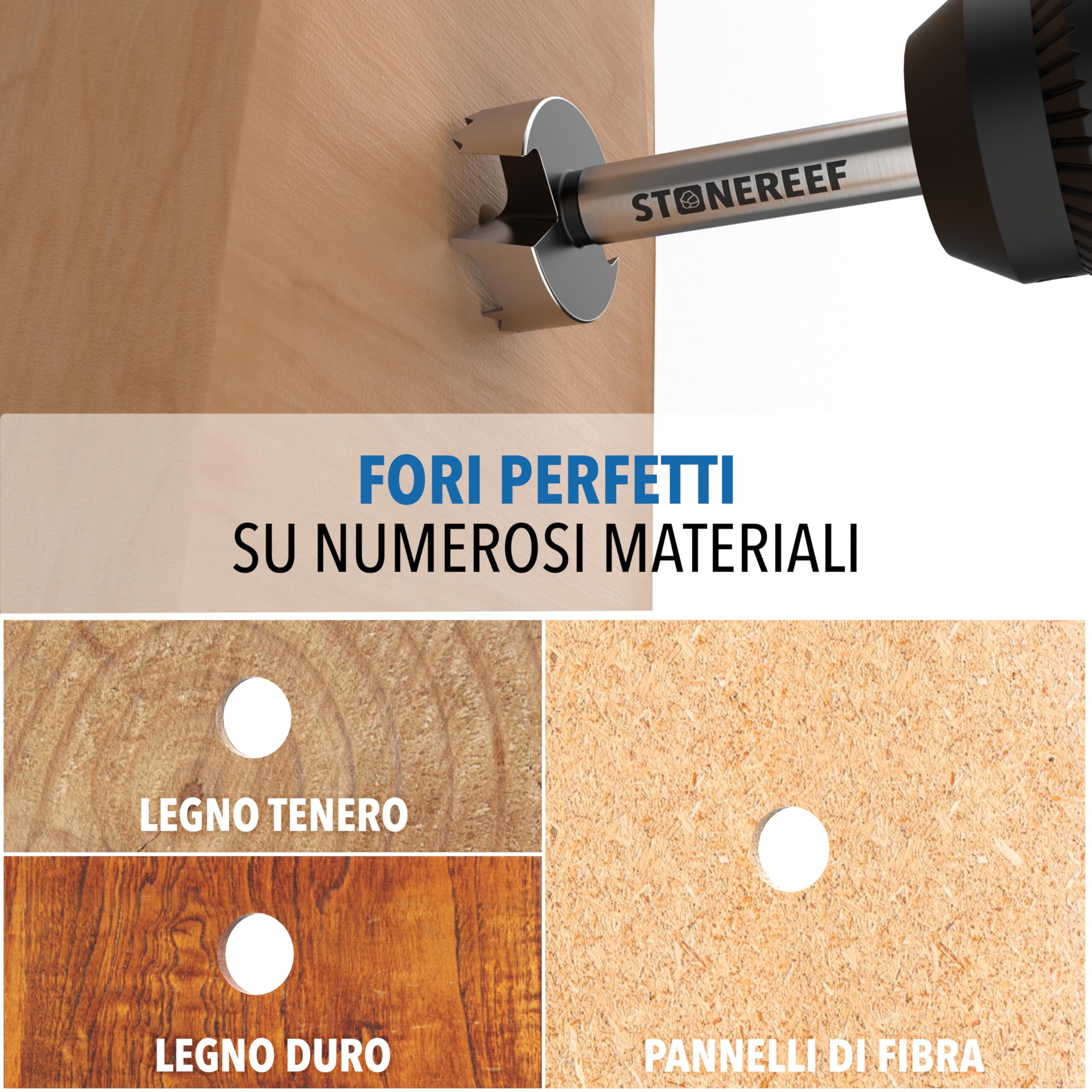 STONE REEF Forstner – Set di 12 punte Forstner da 12–50 mm con scatola portaoggetti, ideale per legno e forature precise. Include punte a tazza, punta Forstner 40 mm e utensili per falegnameria.