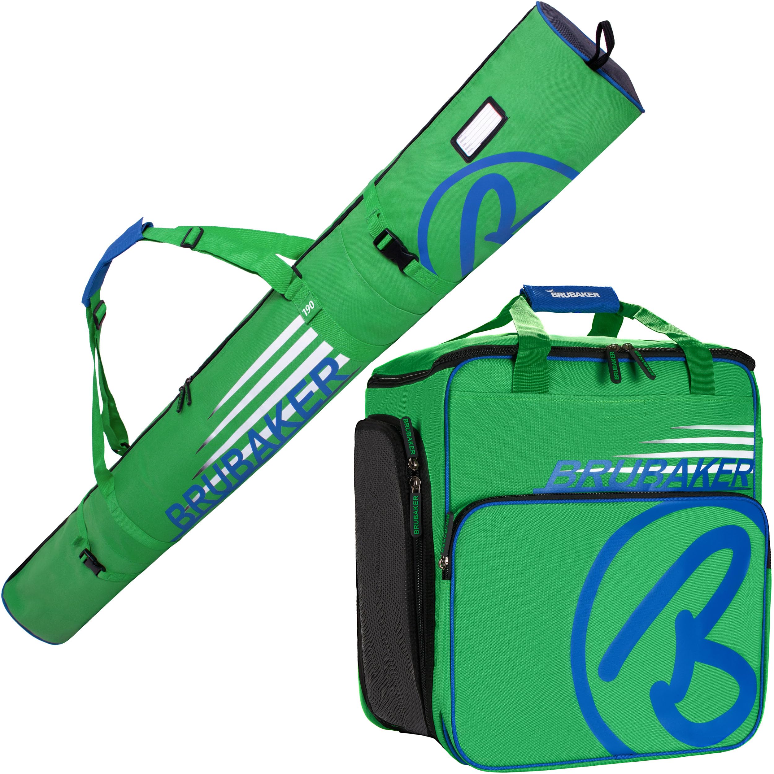 BRUBAKER Set de Ski ‘Champion’ - Série limitée - Housse à Skis et Sac à Chaussures de Ski pour 1 Paire de Skis + Bâtons + Chaussures + Casque - 190 cm - Vert Bleu