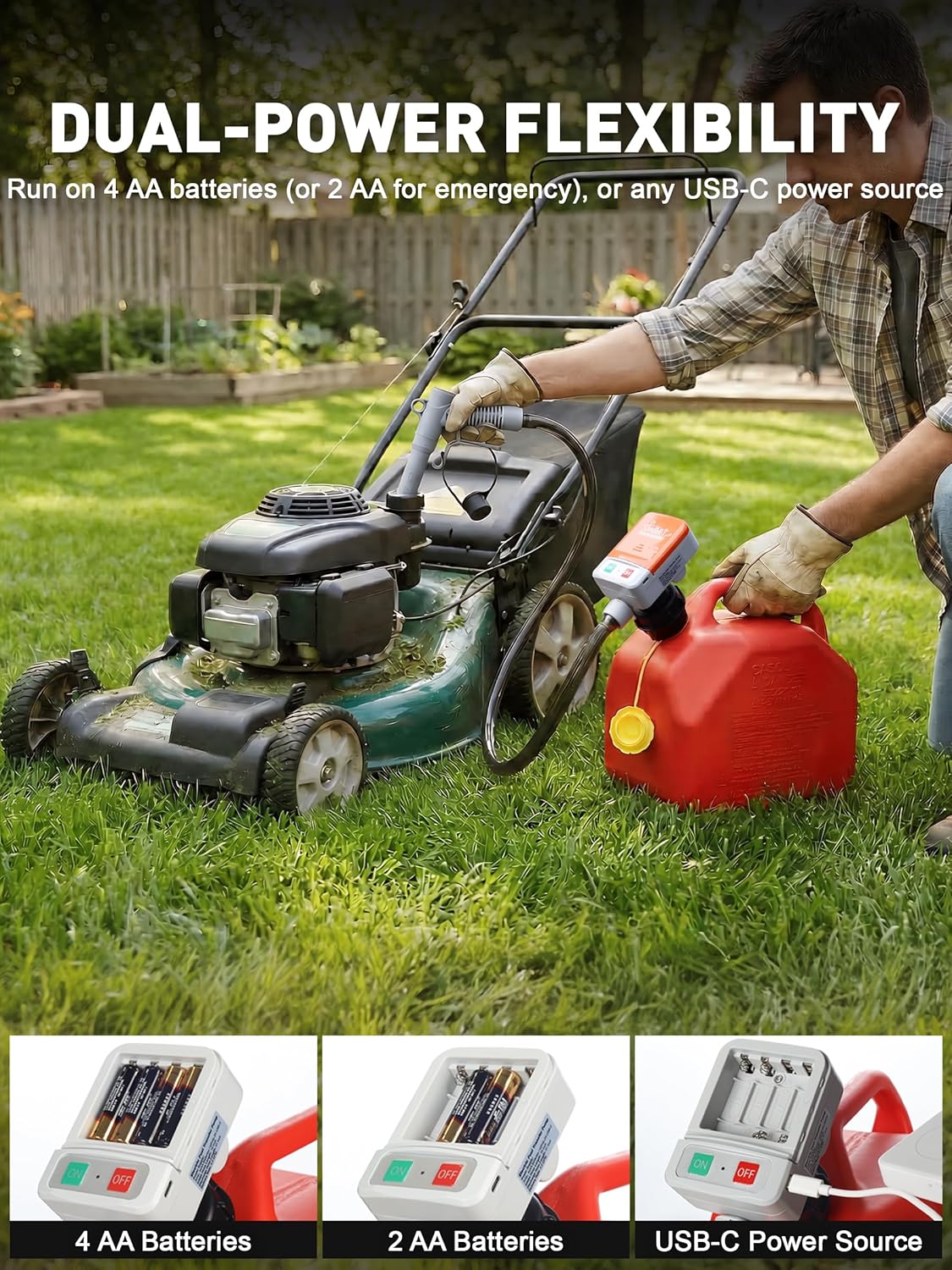 SMART JERRY - Fuel Transfer Pump Battery Powered, Cordless Gas Pump for Gas Can, Electric Gasoline Transfer Pump w/ 3.5 GPM High Flow | Dual Power: 4xAA or Type-C | Auto-stop & Universal Fit Design