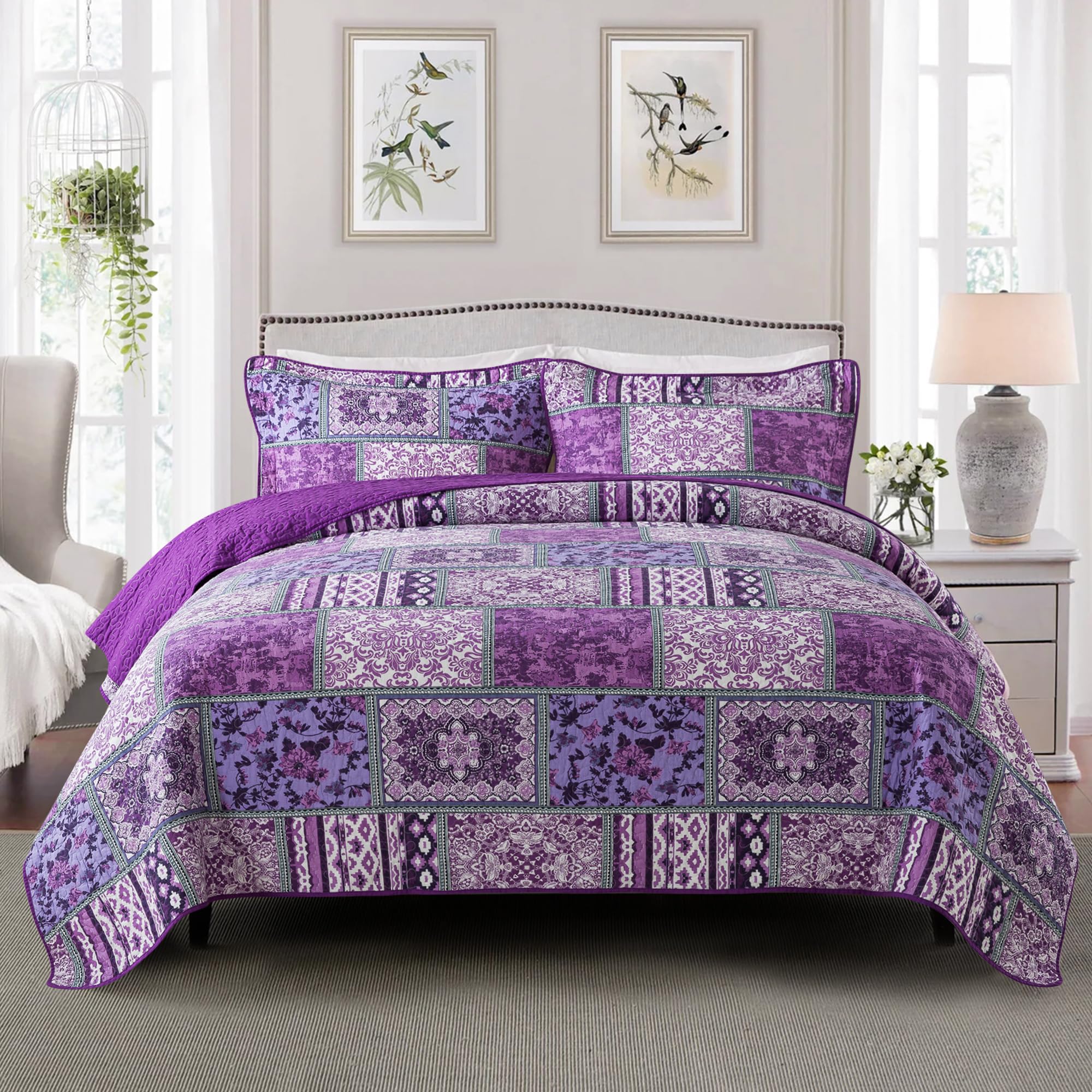 Etwel Queen Size Quilt Set, Purple Quilt Set Queen Size, 3 Pieces Boho Floral Plaid Bedspread Coverlet Set for All Season, Lightweight Cotton