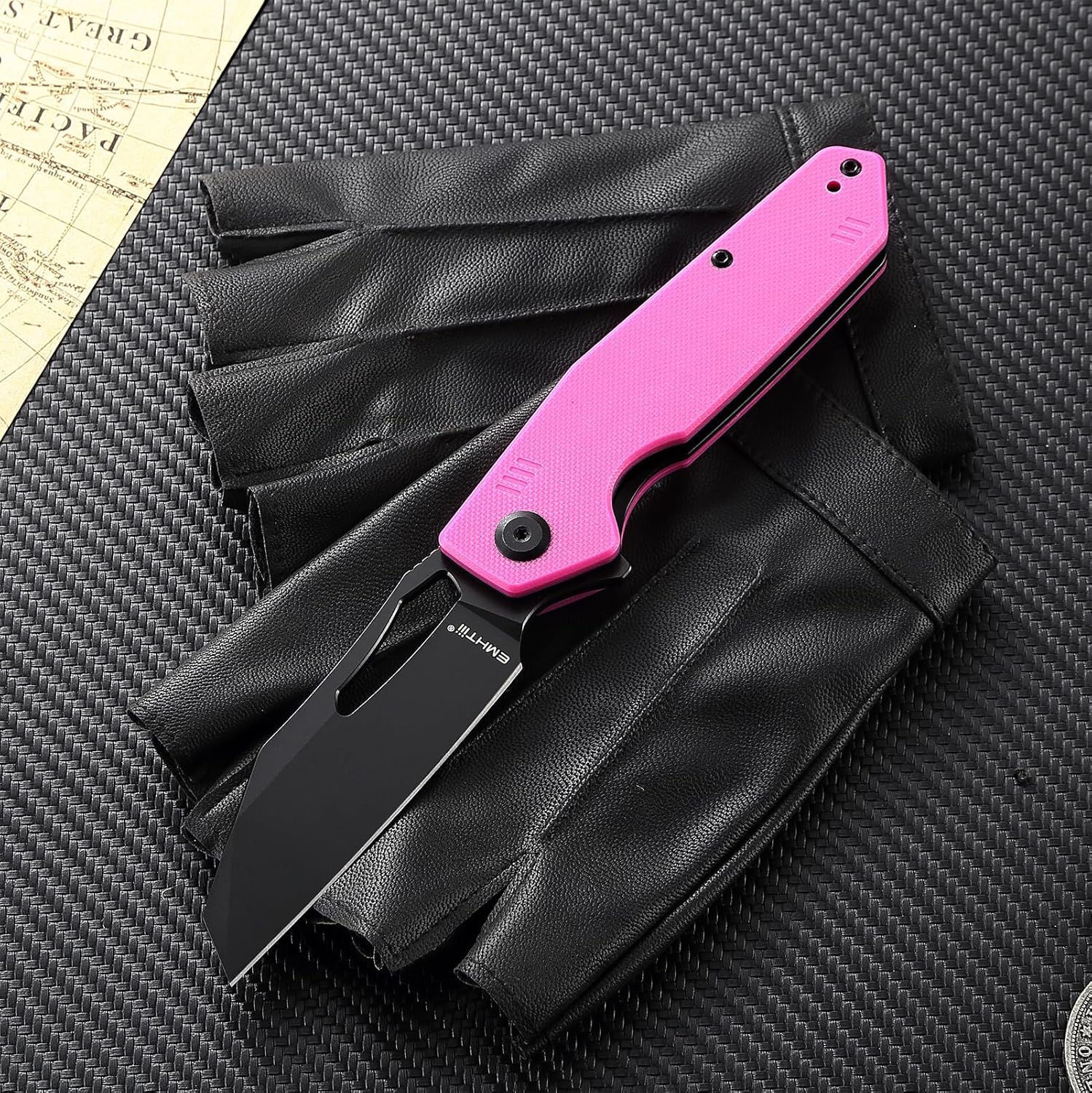 Reverse Tanto Pocket Folding Knife: 3.34" D2 Steel Black Blade, G10 Handle with Liner Lock, Reversible Clip, Thumb Hole, EDC Camping Knives for Men & Women E043, Pink