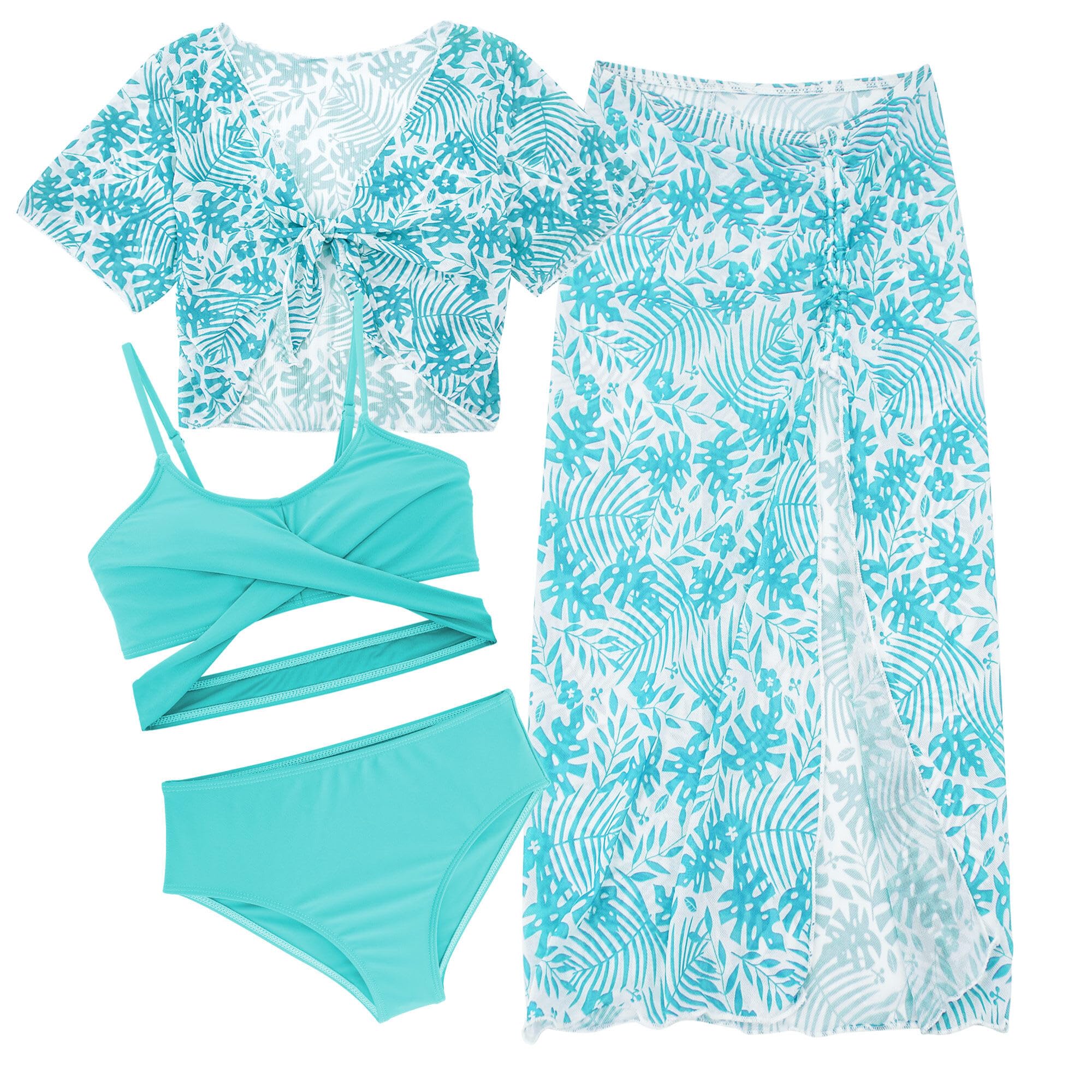 AIEOE Set 4 Piezas Tie-Dye Traje de Baño Niña Bikini Conjunto de Protección Solar Ninas con Falda Larga 8-12 Años