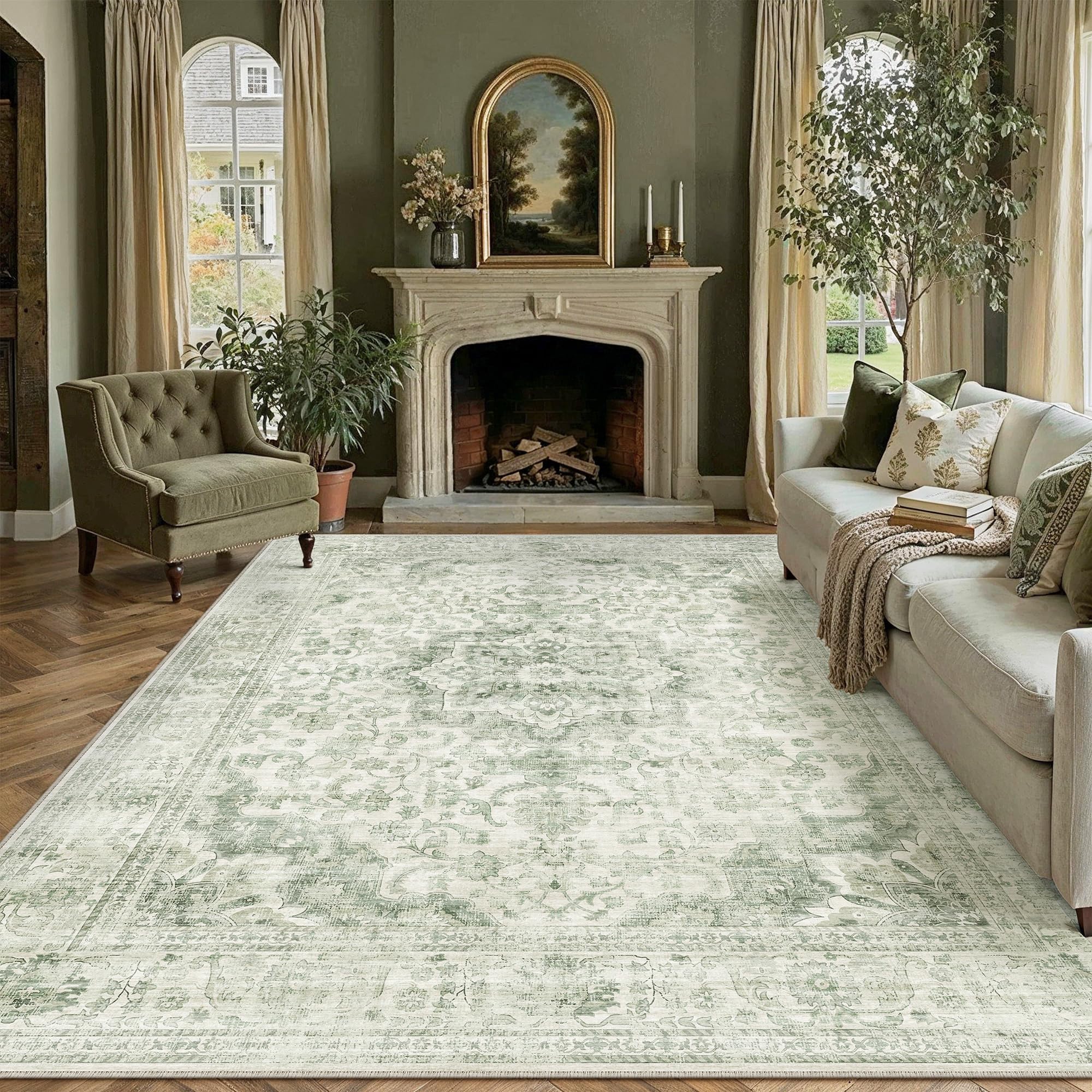 PureCozy Vintage Rugs Living Room 240x300cm Green Machine Washable Non Slip Area Rug Kids Bedroom Bedside Lounge Playroom Office Indoor Large Carpet Retro Low Pile Carpets