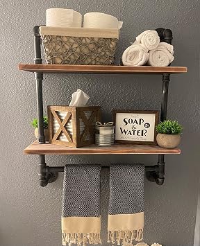 Industrial Pipe Shelf Bathroom Shelves Wall Mounted, 2 Tier 19.6in Rustic Wood Floating Shroom Decor Wall Shelfelves with Towel Bar, Farmhouse Rustic Bath
