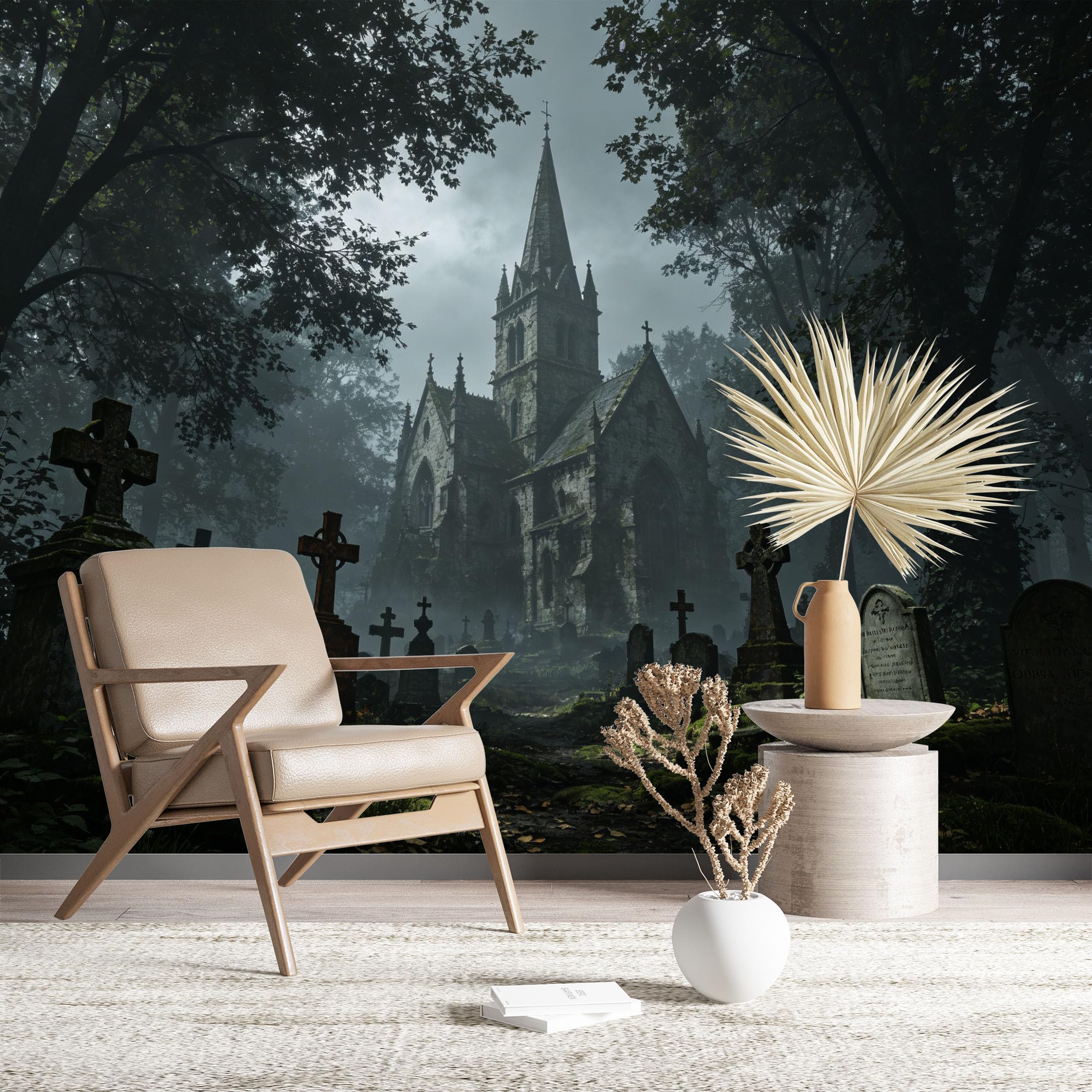 Custom Size Wall Murals Old Church in Foggy Cemetery Wall Murals Scenery Wallpaper Wall Stickers Self-Adhesive Removable Wallpaper for Living Room Bedroom