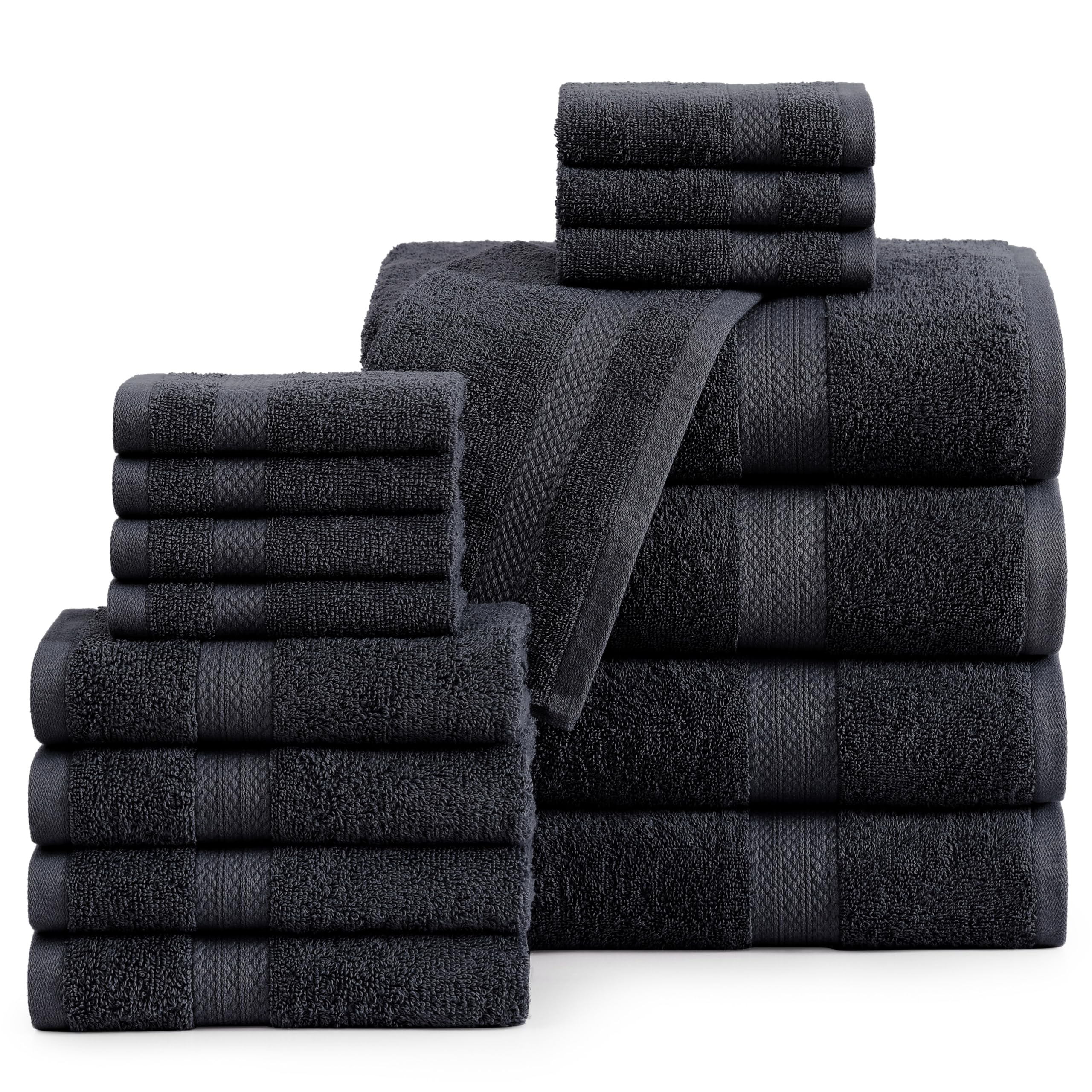 LANE LINEN 100% Cotton Luxury Towel Set for Bathroom - 16 Pieces, Ring Spun - Super Plush, Very Soft & Absorbent - 4 Bath Towels, 8 Washcloths, 4 Hand Towels - Suitable for All Skin Types - Black
