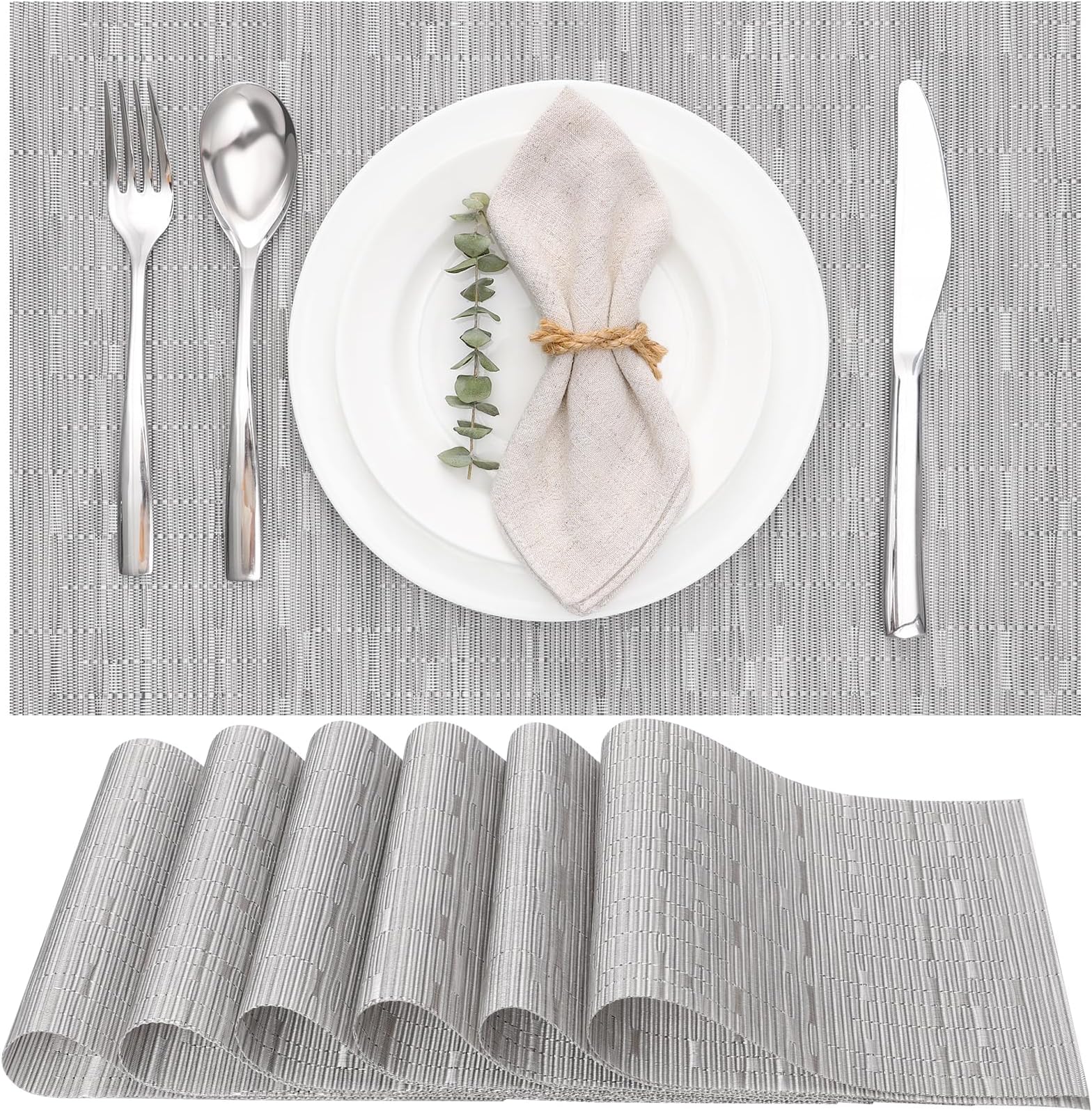 Myir JUN Table Mats Set of 6, Place Mats Table Placemats Washable Non-slip Heat Insulation Woven Vinyl for Kitchen Dinning Restaurant 17"X12" (Silver Gray)